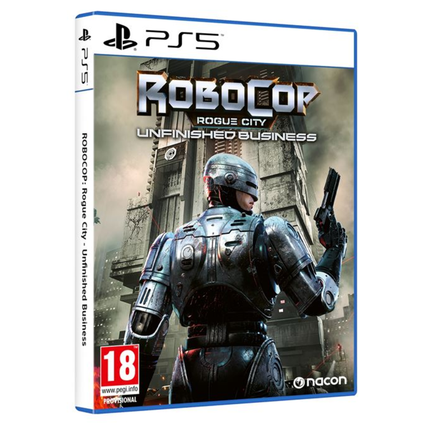RoboCop game cover. Een futuristische cyborg met een geweer staat voor een stad. De titel van het spel is RoboCop: Rogue City, Unfinished Business.