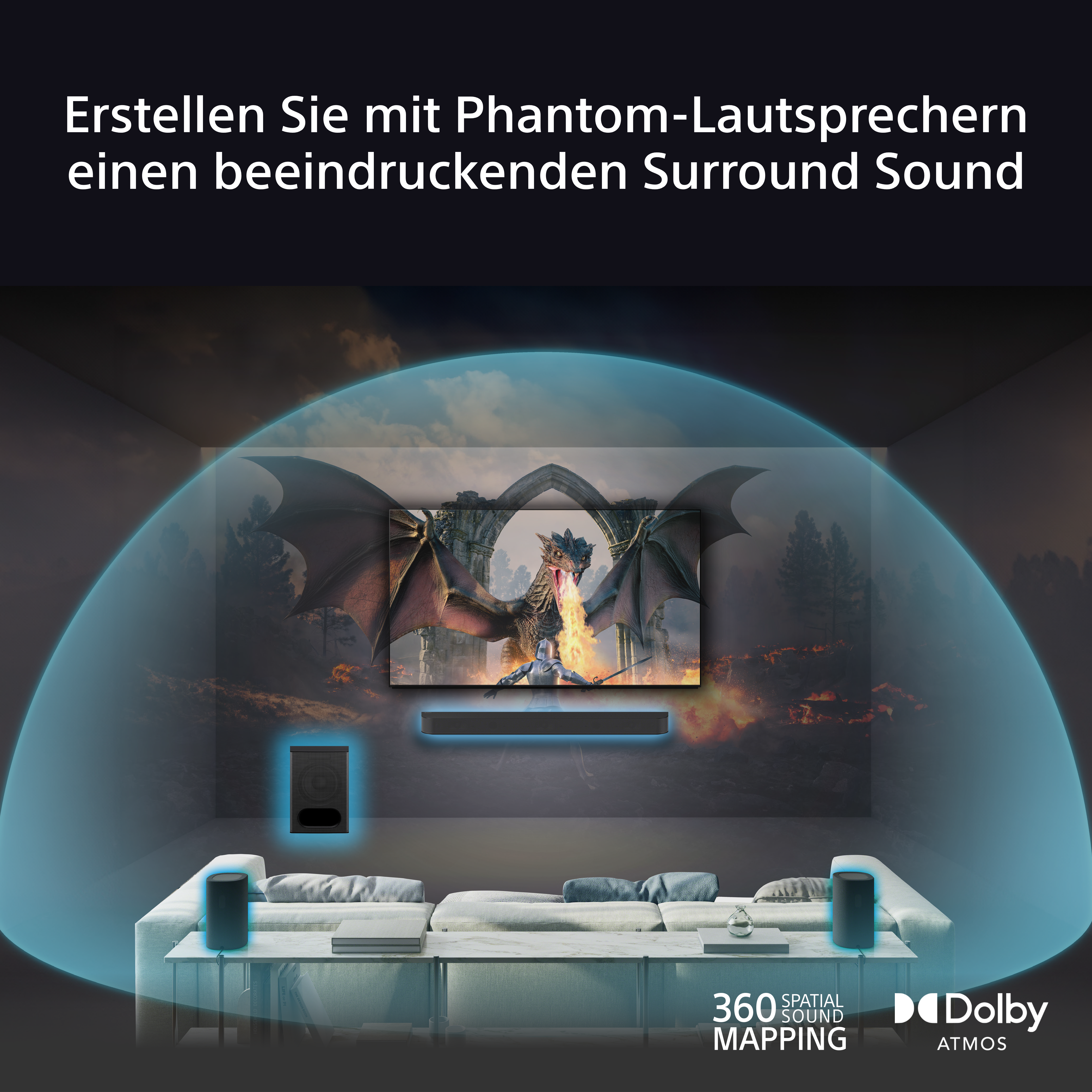 Wohnzimmer mit Drachenfernseher, weißen Sofa und Lautsprechern. Blaue Lichteffekte für Surround Sound.