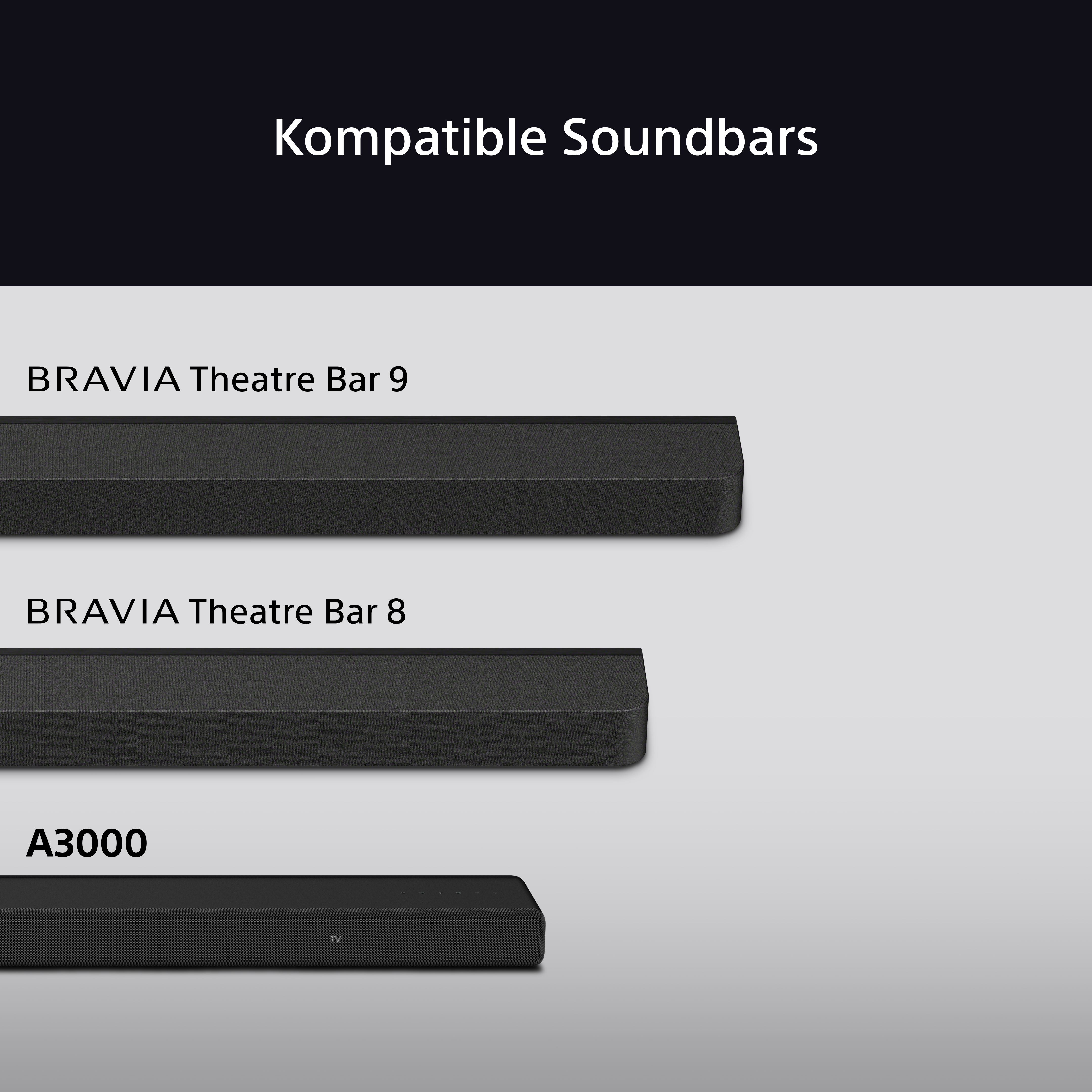 Das Bild zeigt Soundbars: BRAVIA Theatre Bar 9, 8 und A3000. Alle sind schwarz, rechteckig und auf einem Farbverlaufhintergrund.
