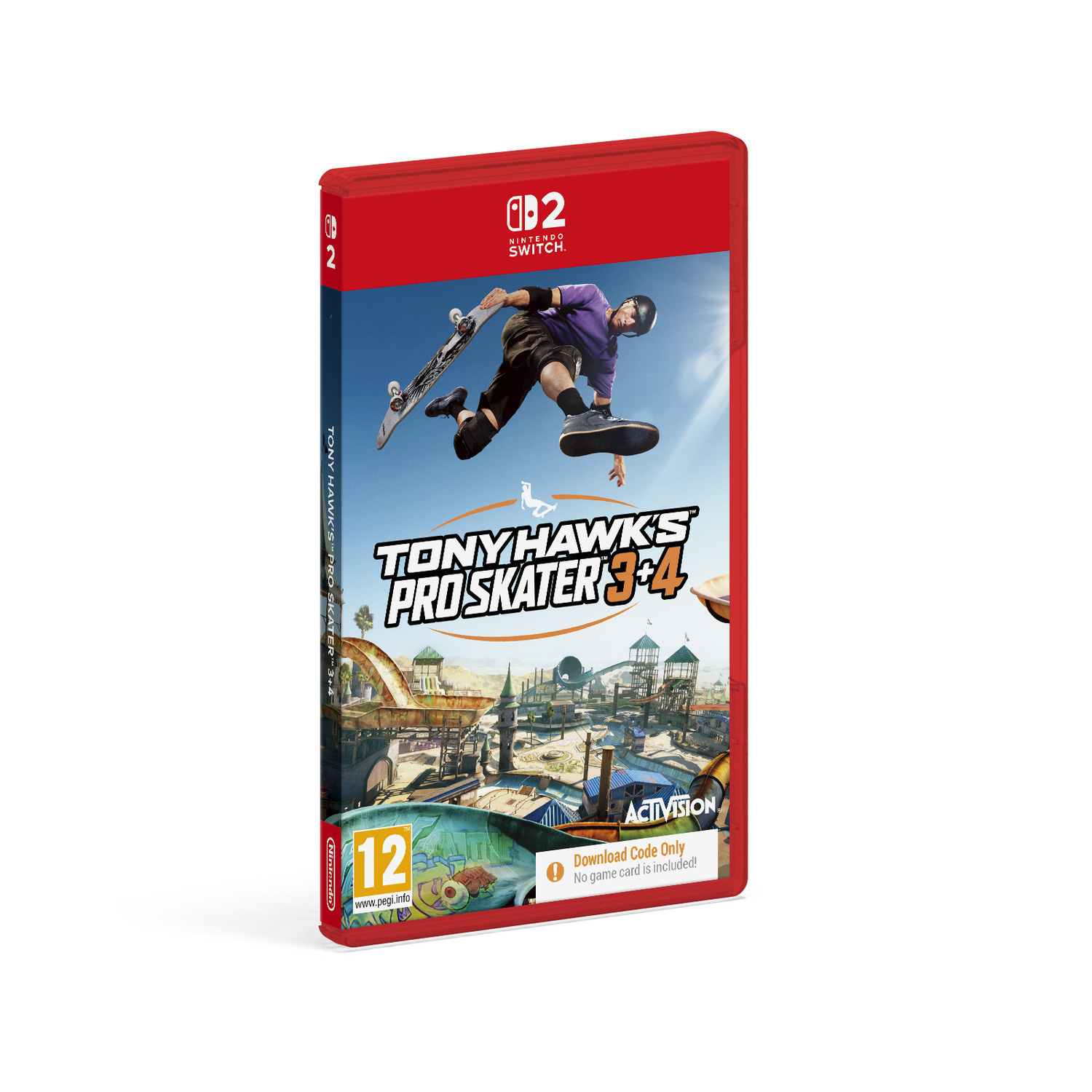 Boxart voor Tony Hawk's Pro Skater 3+4 op Nintendo Switch. Een skater in de lucht. De achtergrond toont een skatepark.