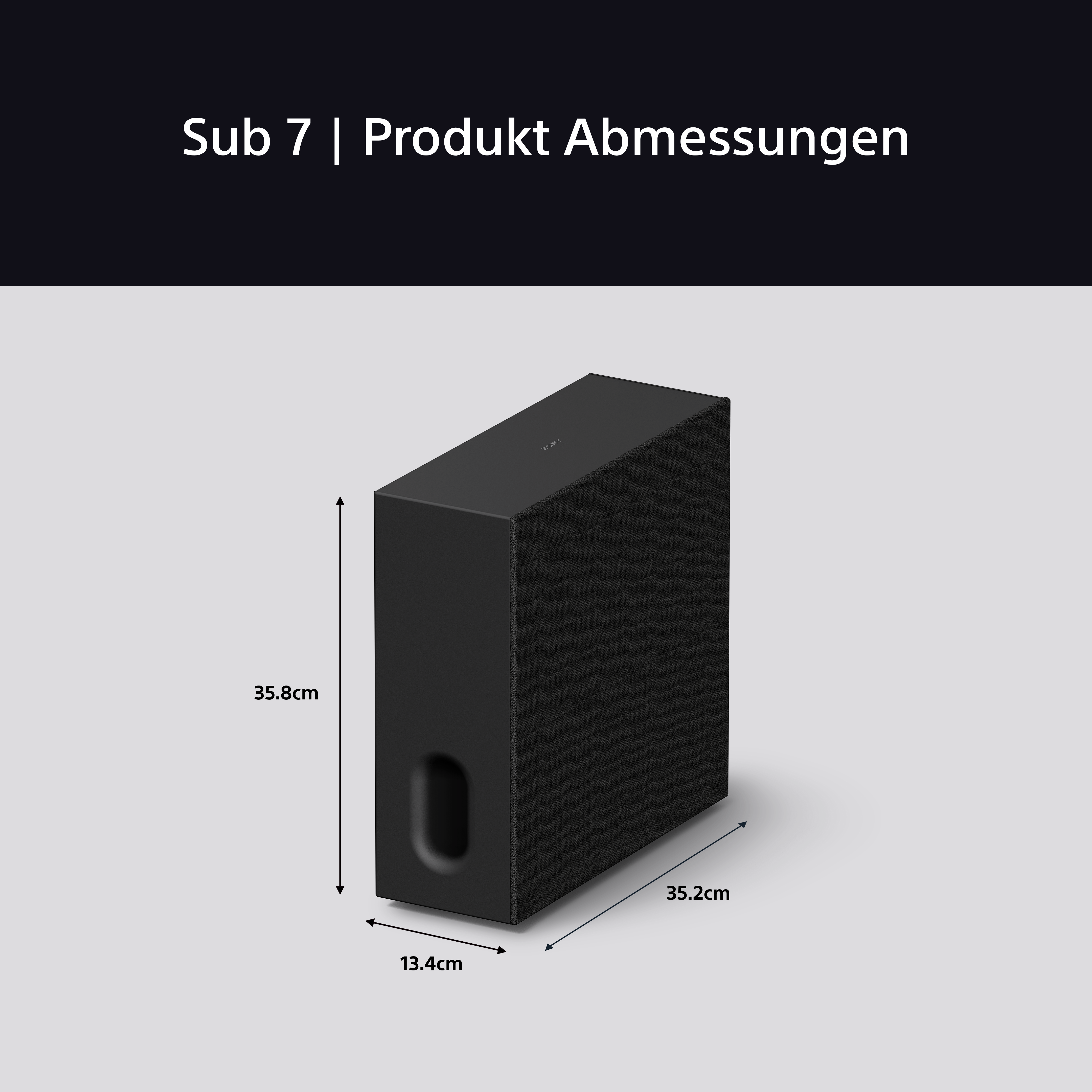 Ein schwarzer Subwoofer mit Maßangaben. Oben steht 'Sub 7 | Produkt Abmessungen'. Die Marke 'Sony' ist sichtbar.