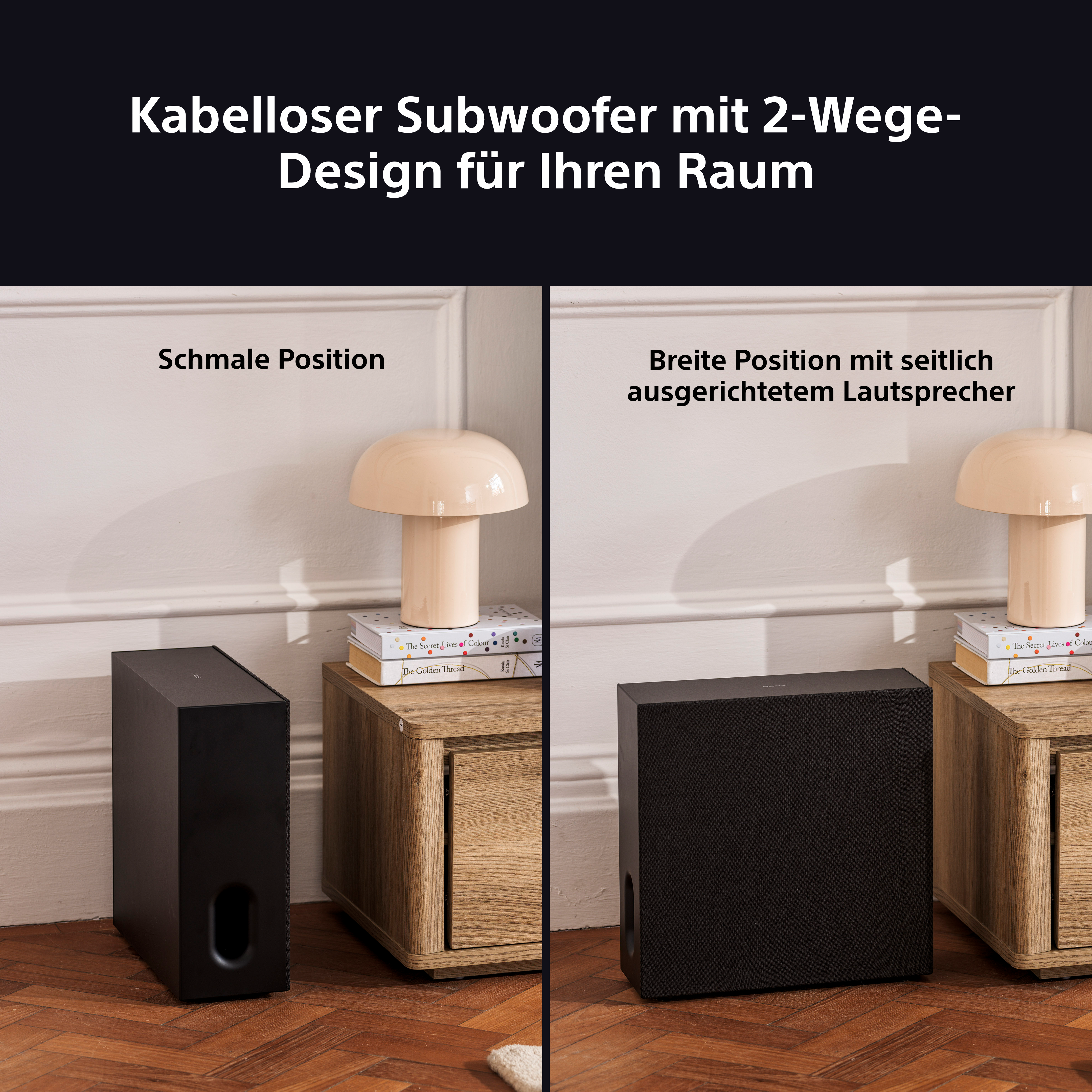 Das Bild zeigt zwei schwarze Subwoofer. Einer ist schlank und einer ist breiter. Beide stehen neben Holzschränken mit einer Lampe.