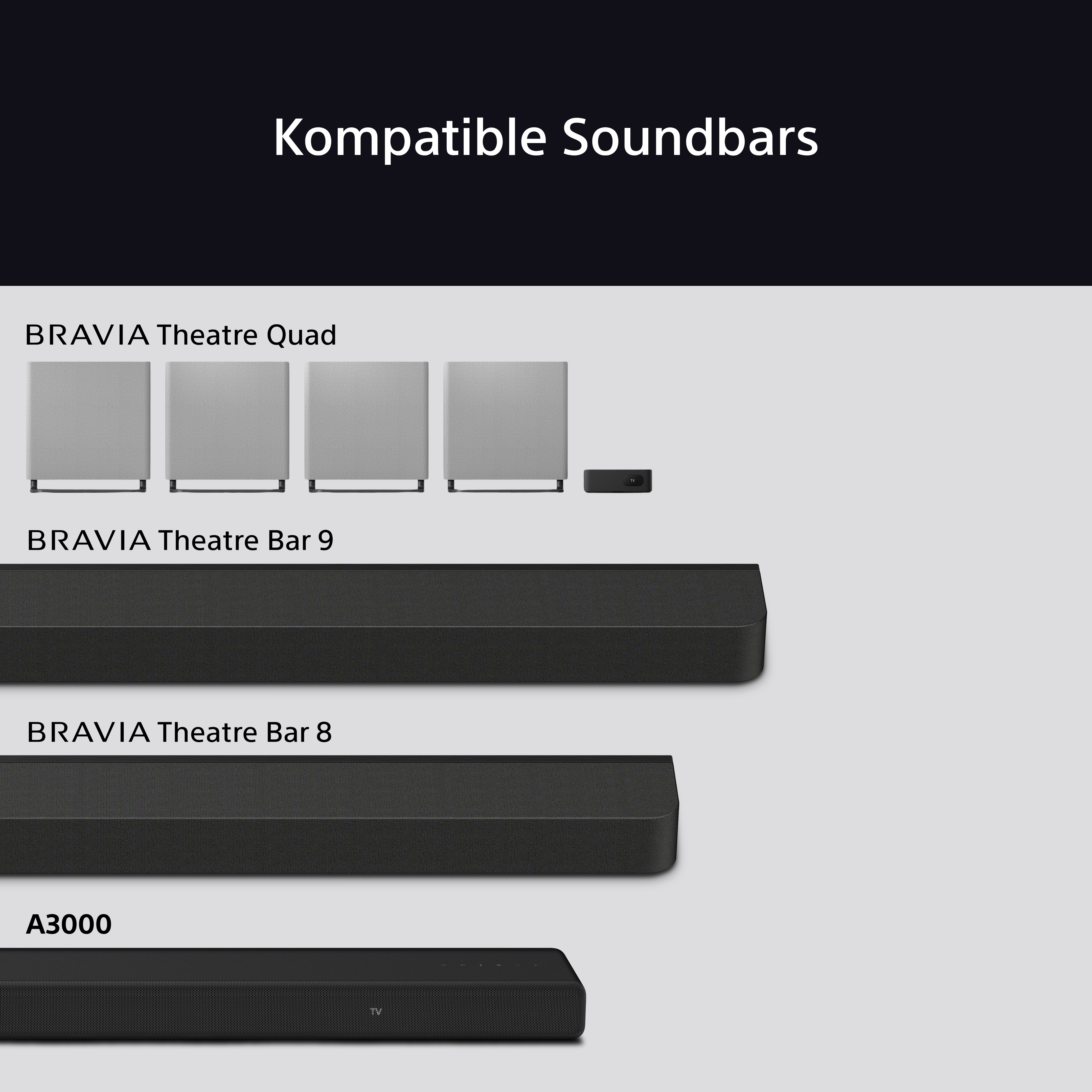 Das Bild zeigt Soundbars BRAVIA Theatre Quad, Bar 9, Bar 8 und A3000. Alle sind schwarz und werden auf hellem Hintergrund angezeigt.