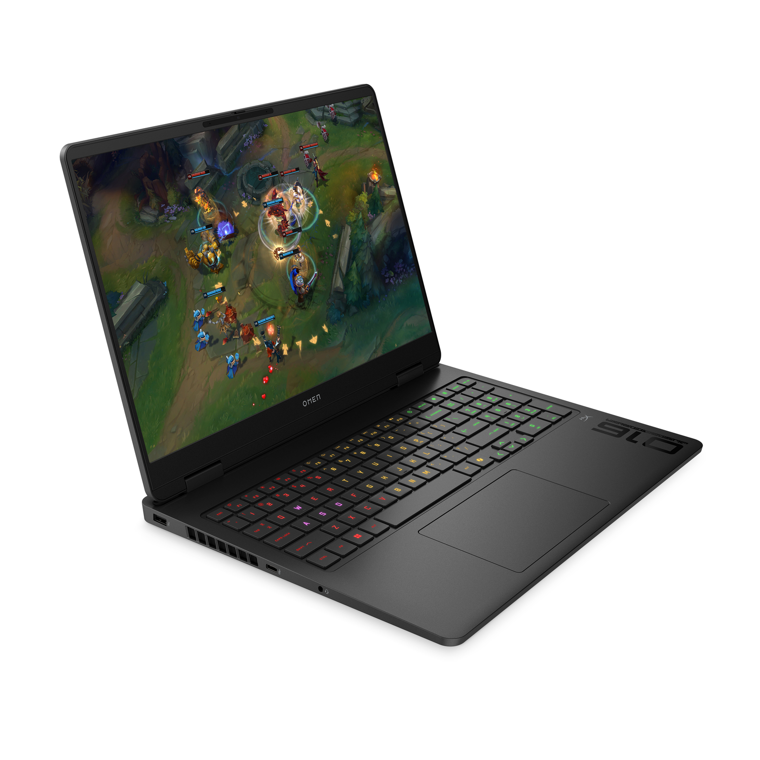 Black Omen laptop displaying a video game scene. Keyboard has multi-colored keys. The screen shows characters in battle.