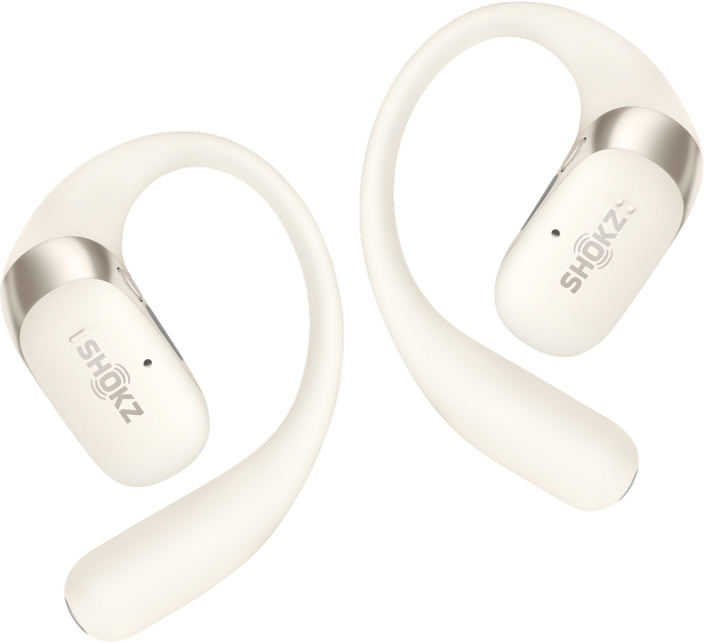 Deux écouteurs à conduction osseuse blancs, étiquetés "SHOKZ". Chacun a un design incurvé, avec un accent argenté en haut.
