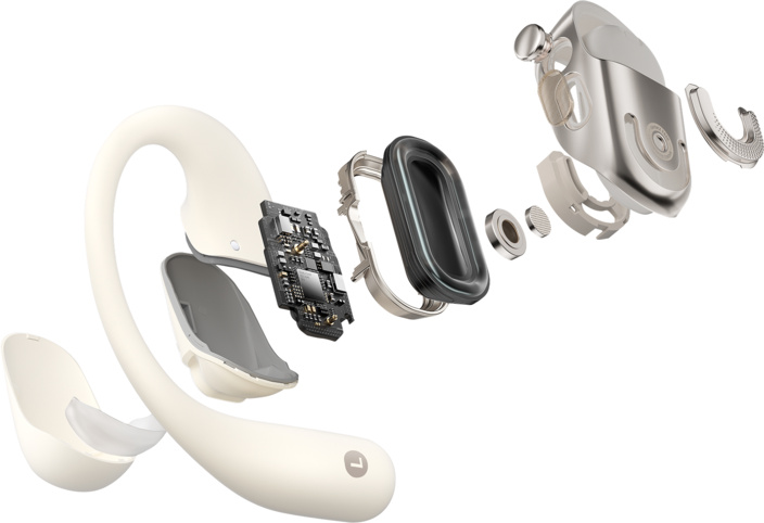 Vue éclatée d'un casque à conduction osseuse. Les pièces comprennent le haut-parleur, le circuit imprimé, les composants métalliques et le crochet d'oreille.