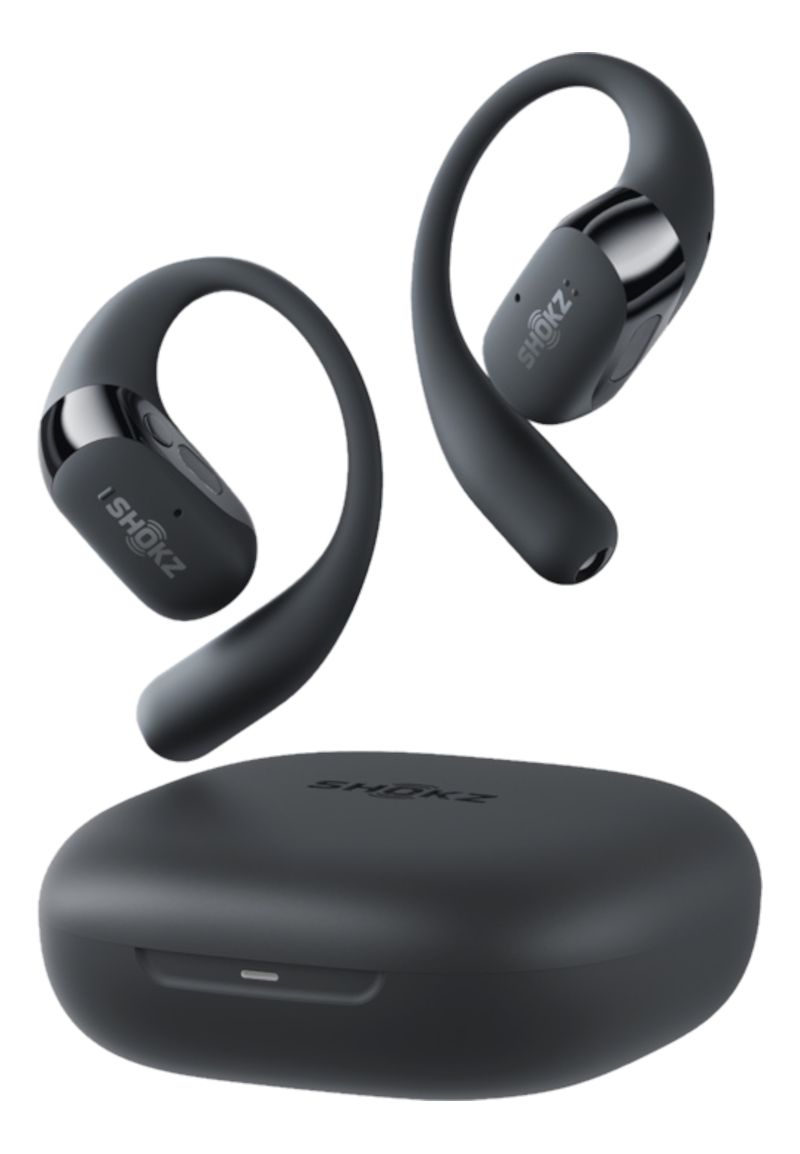Une paire d'écouteurs Shokz gris et un étui de chargement sont affichés. Les écouteurs sont de style à conduction osseuse. Le fond est noir.