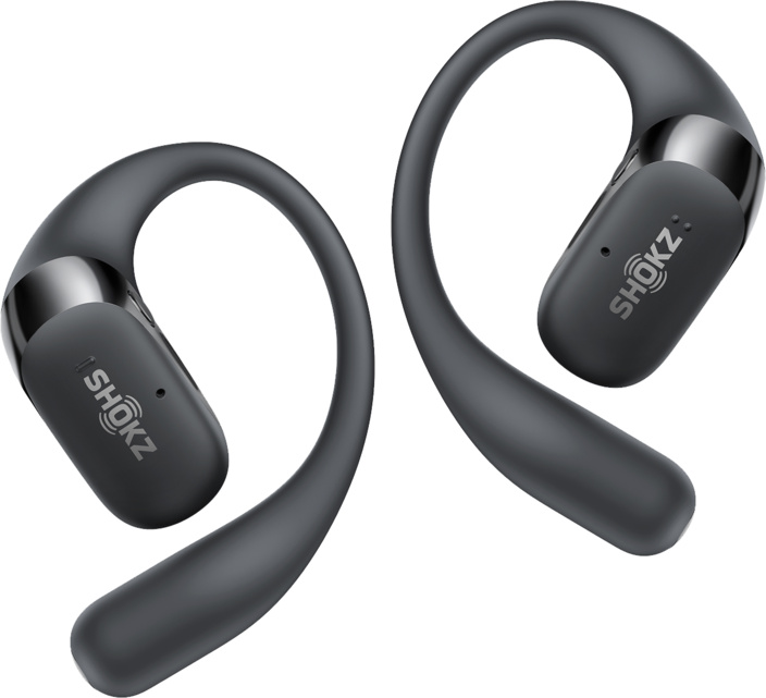 Deux écouteurs à conduction osseuse Shokz gris. Ils ont un design incurvé, avec le nom de la marque sur les écouteurs et un accent argenté.