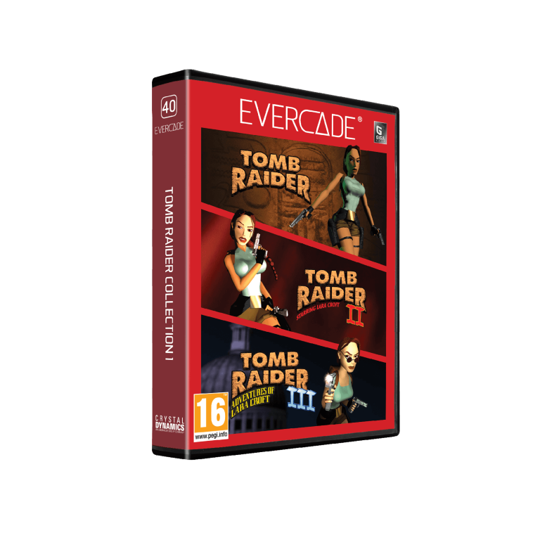 Etui na grę Evercade Tomb Raider Collection 1. Zawiera obrazy Lary Croft, schemat kolorów czerwony, biały i czarny, klasyfikacja wiekowa 16.