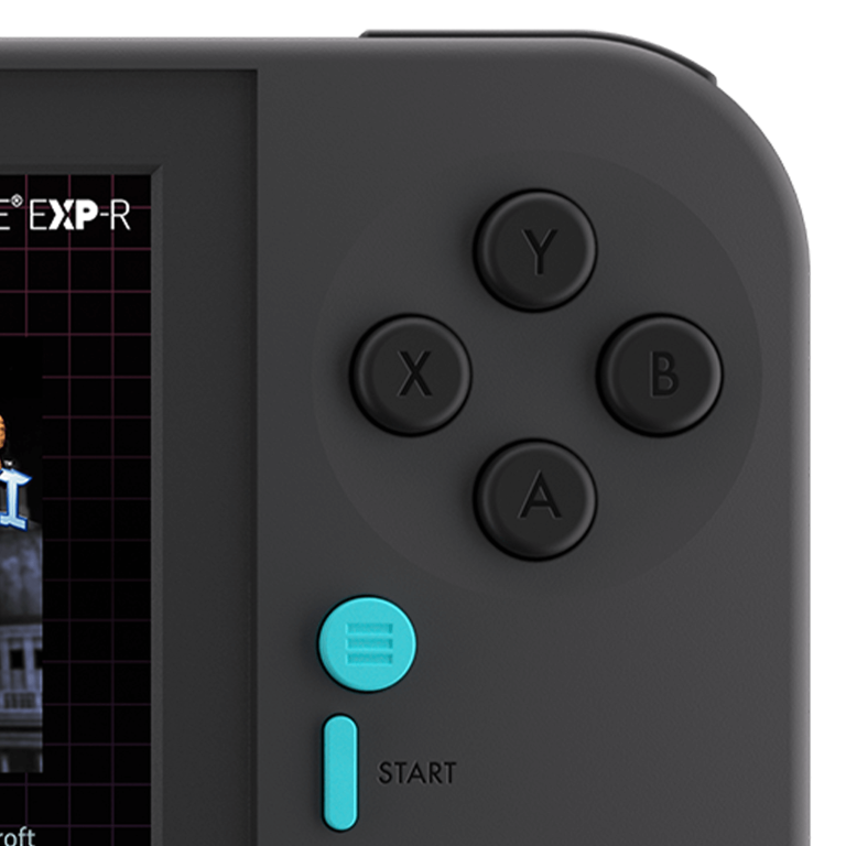 Zbliżenie przenośnego urządzenia do gier. Posiada czarne przyciski: Y, X, B, A oraz cyjanowe przyciski start i menu. Ekran wyświetla grę.