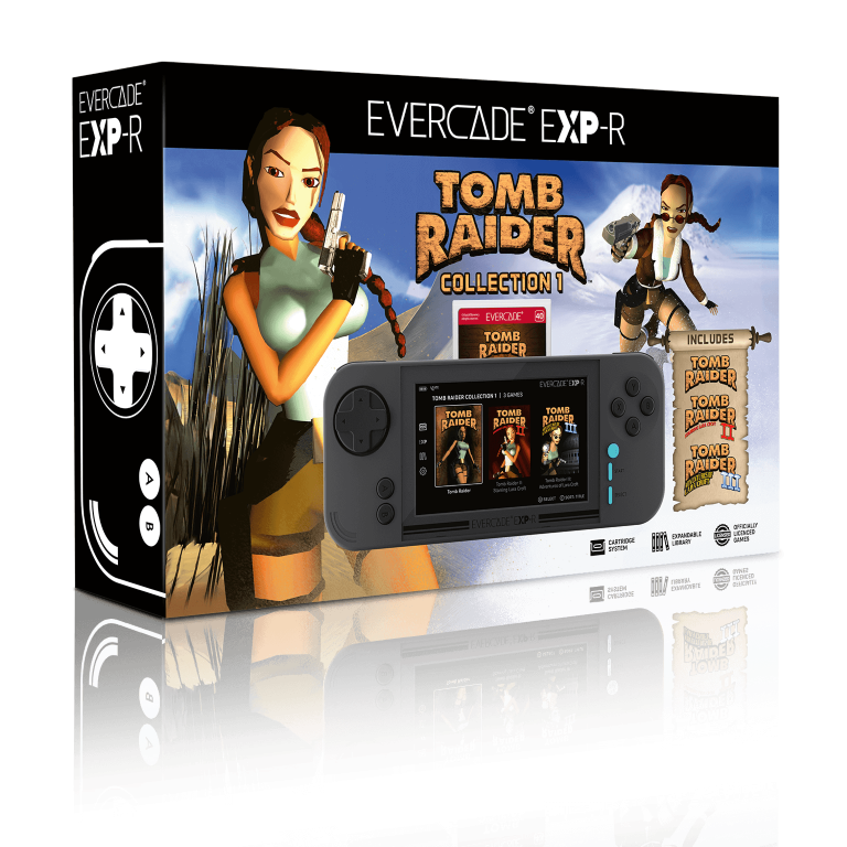 Grafika pudełka Evercade EXP-R Tomb Raider Collection 1. Przedstawia Larę Croft z pistoletem, konsolę i tytuły gier.