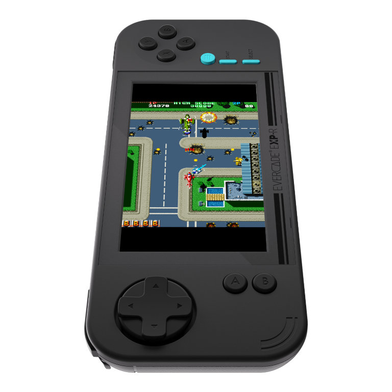 Czarna konsola przenośna Evercade EXP-R z grą zręcznościową retro. Widoczne przyciski, D-pad i szczegóły ekranu. Gra pokazuje akcję.