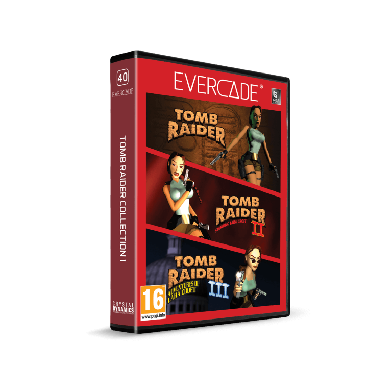 Pudełko z grą Evercade z Tomb Raider Collection 1. Zawiera zdjęcia Lary Croft z wielu gier. Schemat kolorów: czerwony, biały i czarny.
