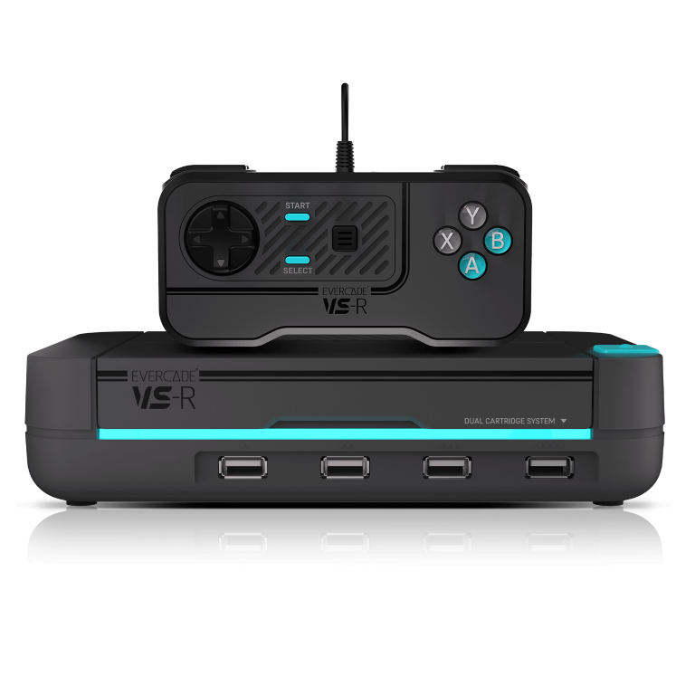Czarna konsola Evercade VS-R z kontrolerem. Konsola ma porty USB i system podwójnych kartridży. Kontroler ma przyciski.