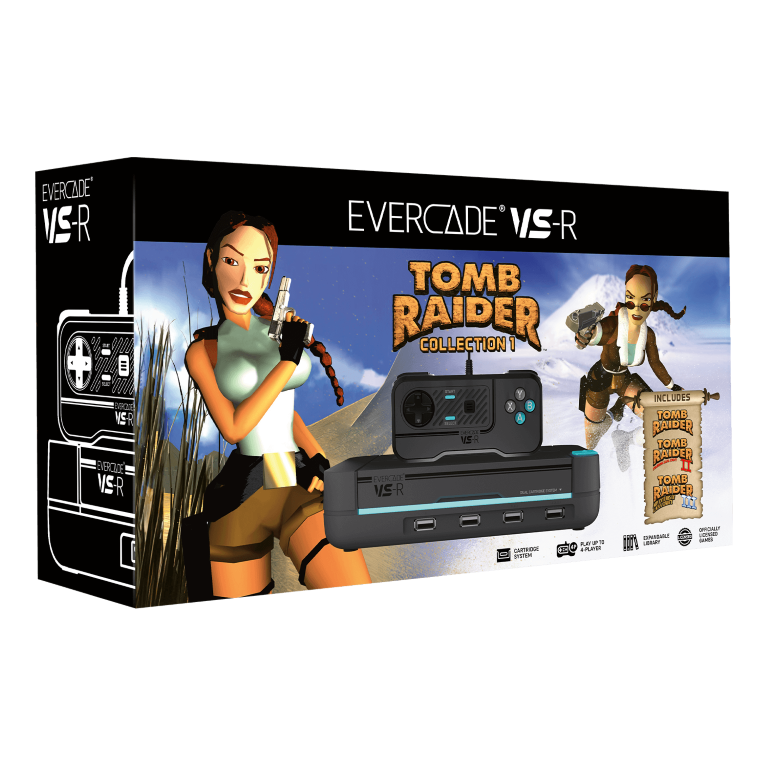 Pudełko konsoli Evercade VS-R z Tomb Raider Collection 1. Lara Croft pozuje na pudełku. Zawiera kontroler i kartridż do gry.