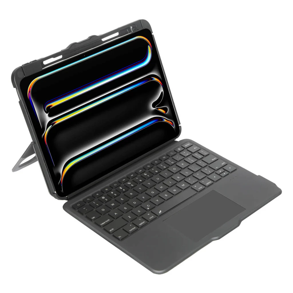 Una tableta abierta con funda de teclado. La pantalla de la tableta muestra un diseño abstracto colorido. El teclado y la funda son grises oscuros.