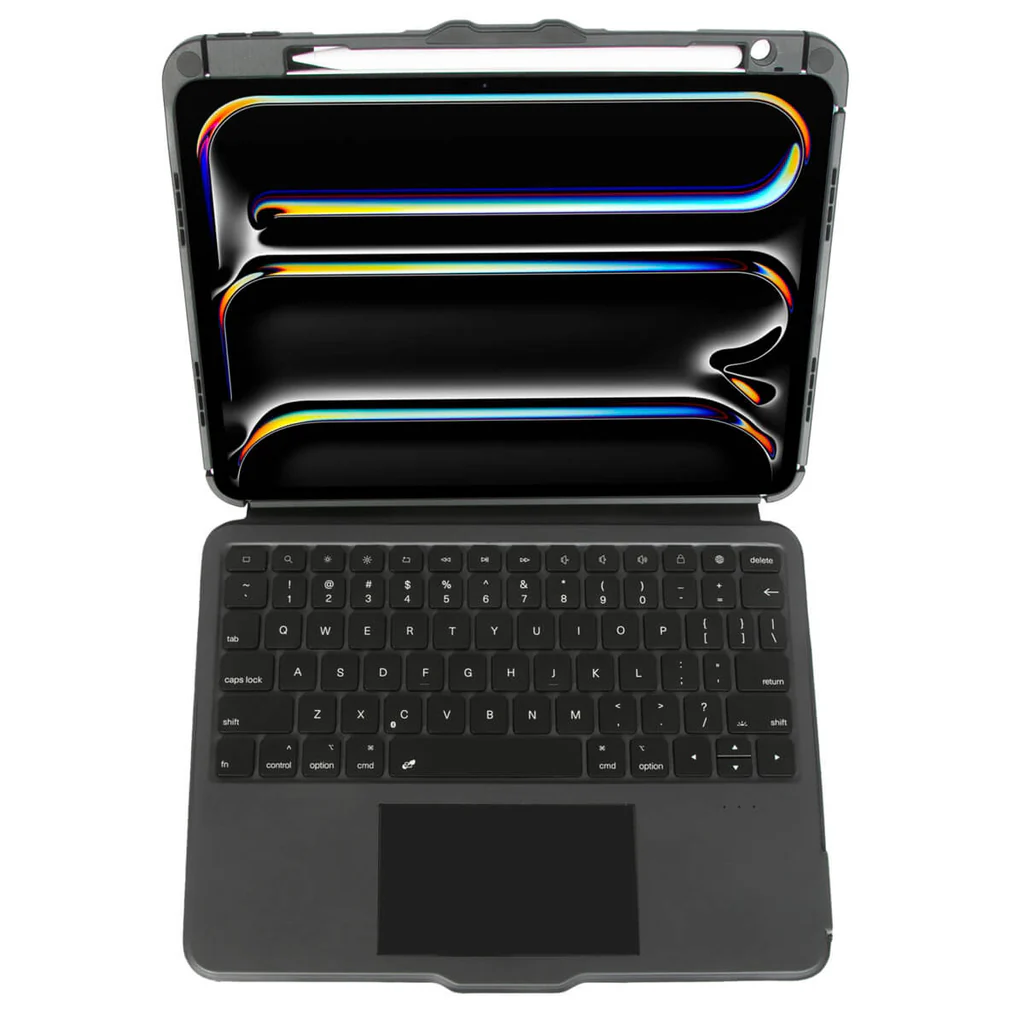 Tableta abierta con teclado adjunto. La pantalla es negra con reflejos coloridos. El teclado tiene teclas y un panel táctil.