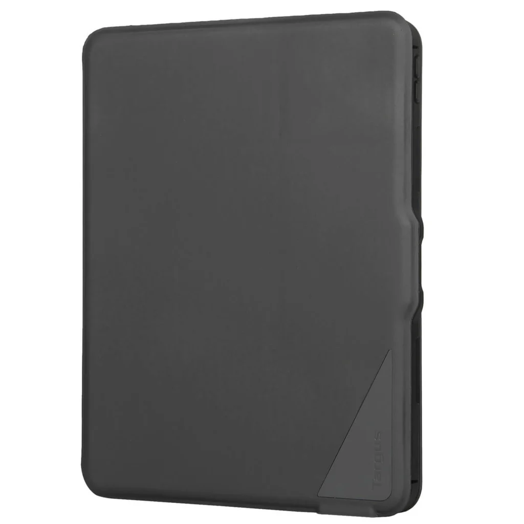 Una funda para tableta de color gris oscuro. La funda tiene una superficie lisa. El logotipo de Targus está en la esquina inferior derecha.