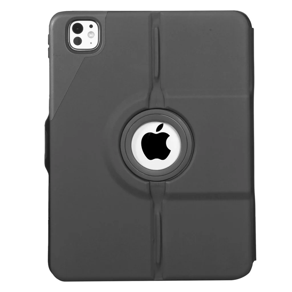 Una funda de tableta gris oscuro con el logotipo de Apple en el centro. Una cámara es visible en la parte superior izquierda.