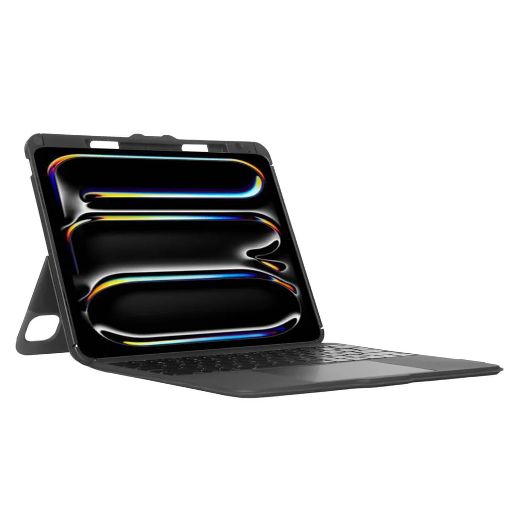 Tableta negra con teclado adjunto, abierta e inclinada. La pantalla muestra un diseño abstracto y colorido. Fondo blanco.