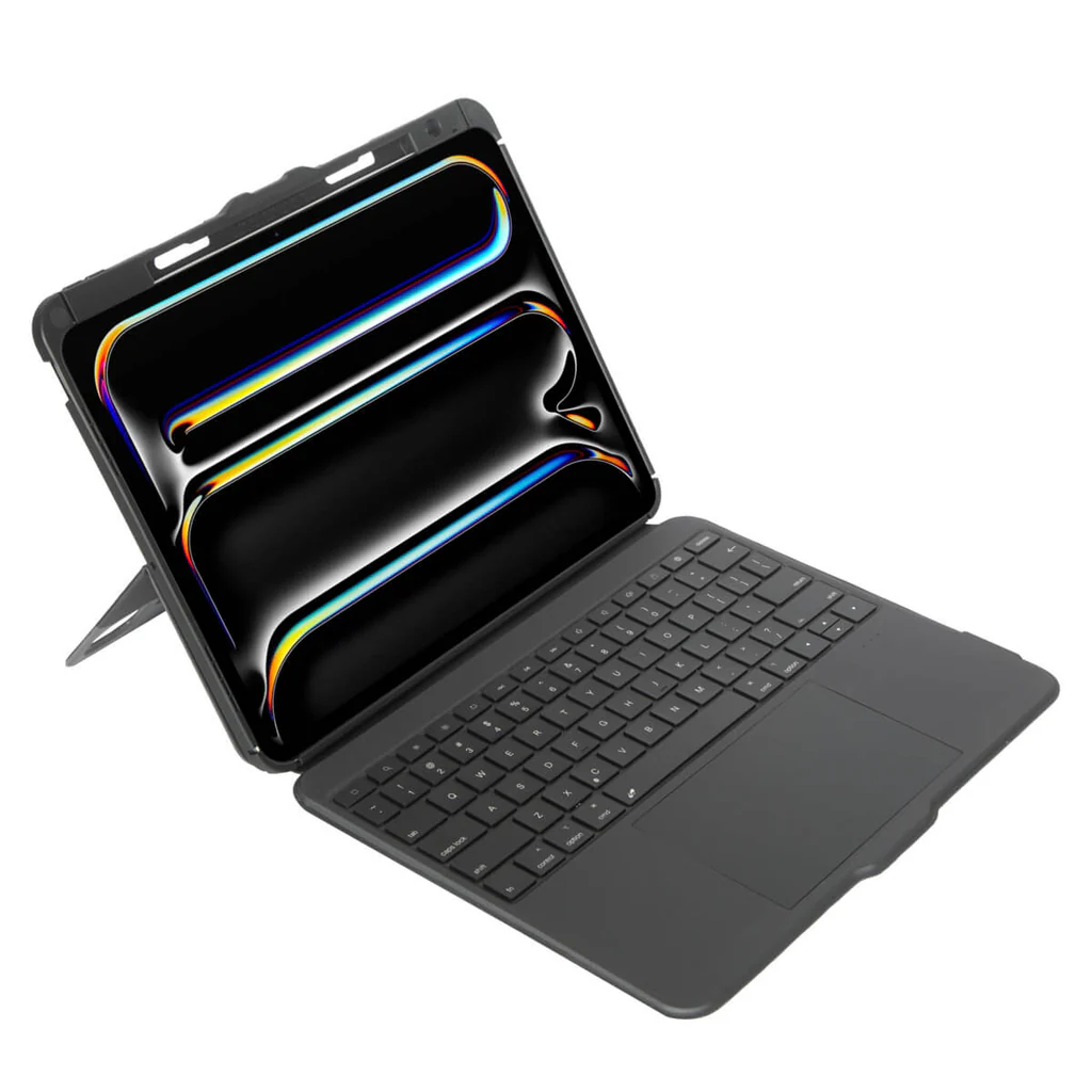 Una tableta abierta con teclado negro adjunto. La pantalla es negra con líneas curvas coloridas.