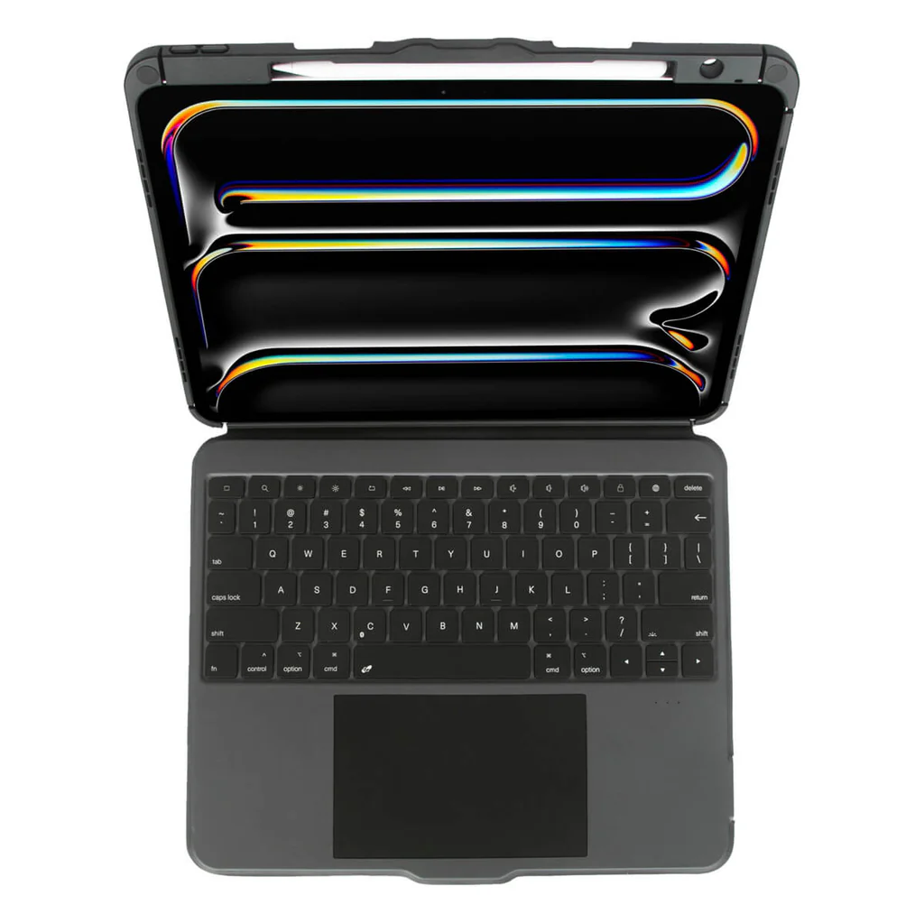 Un iPad en una funda con teclado. La pantalla muestra arte digital colorido. El teclado es negro y el panel táctil está abajo.