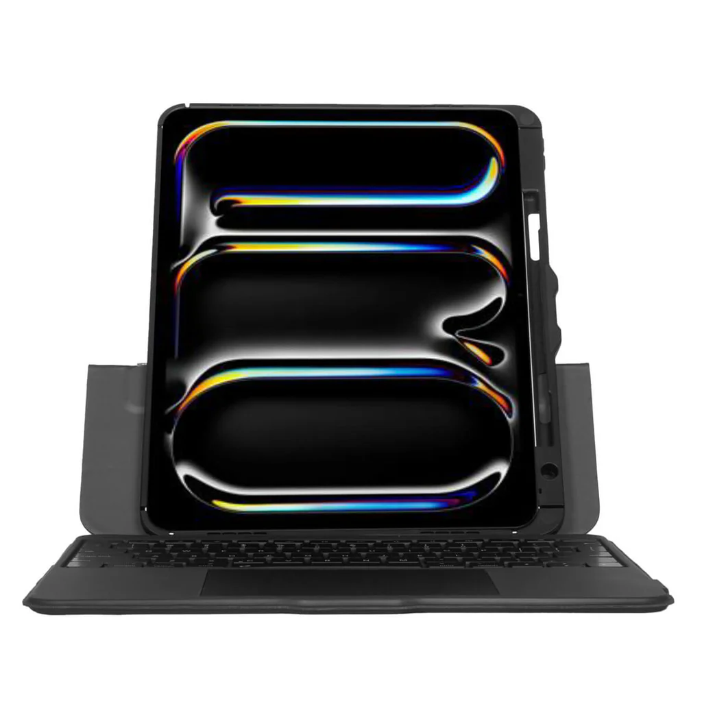 Tableta negra con funda de teclado. La pantalla es negra con líneas curvas coloridas. El teclado es visible en la parte inferior.