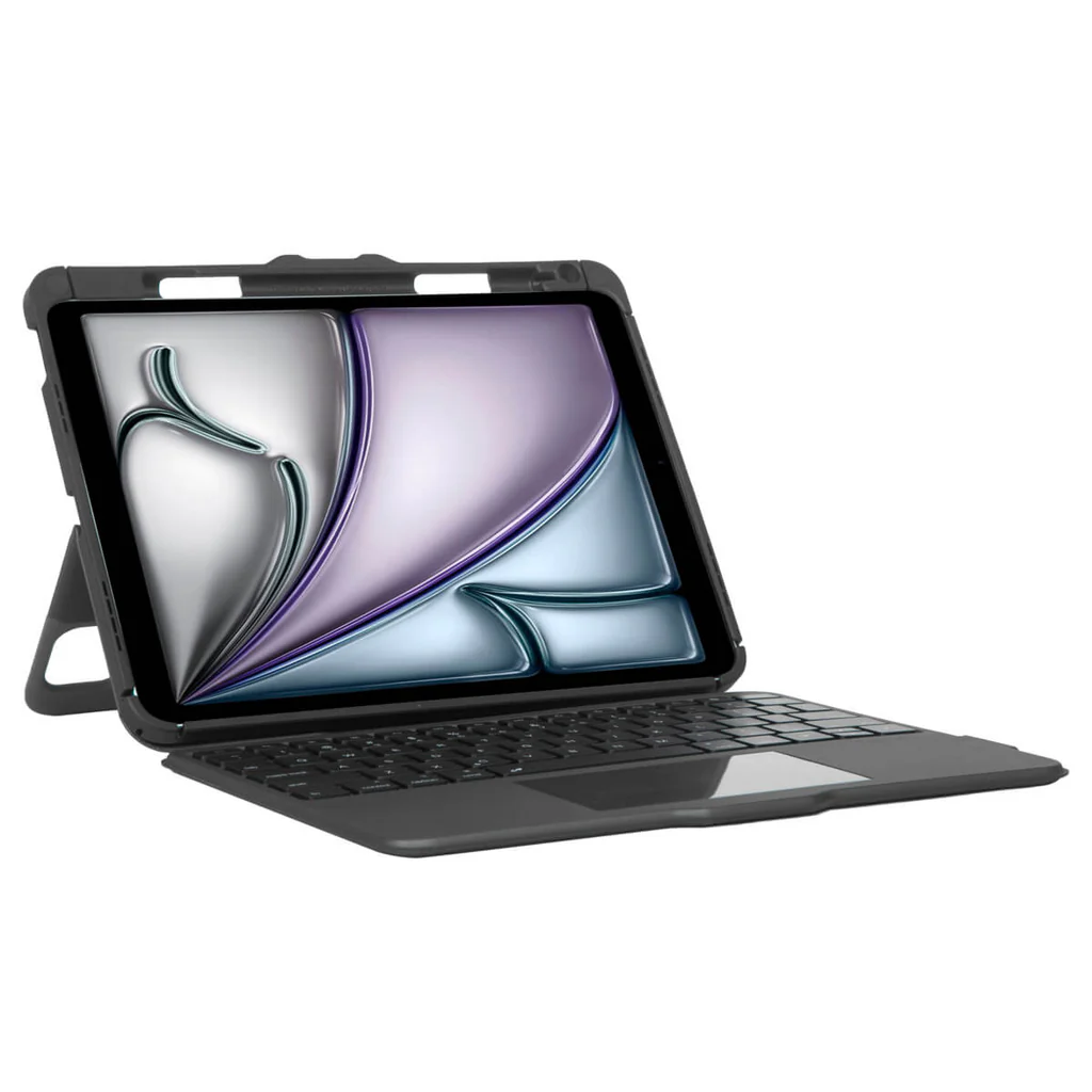 Tableta con funda con teclado. La pantalla muestra un degradado plateado, morado y azul. Teclado, funda y soporte negros sobre fondo blanco.