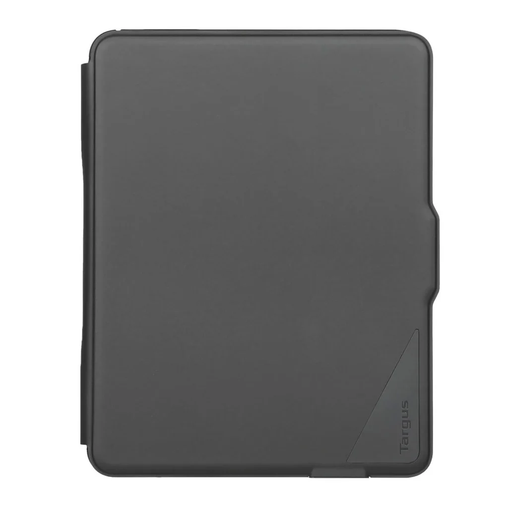 Funda para tableta Targus gris oscuro. Tiene forma rectangular y un logotipo triangular con la marca en la parte inferior.