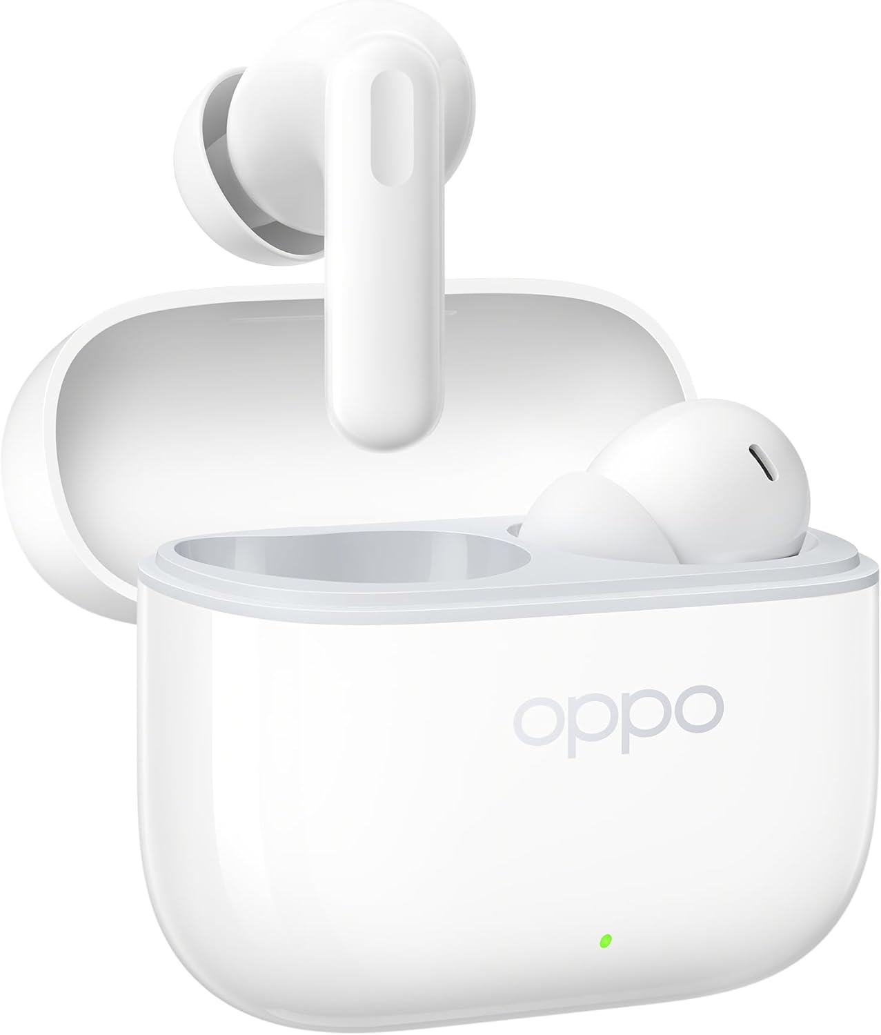 Auriculares Oppo blancos en estuche de carga abierto. Un auricular dentro del estuche, otro fuera. Luz verde en el estuche.