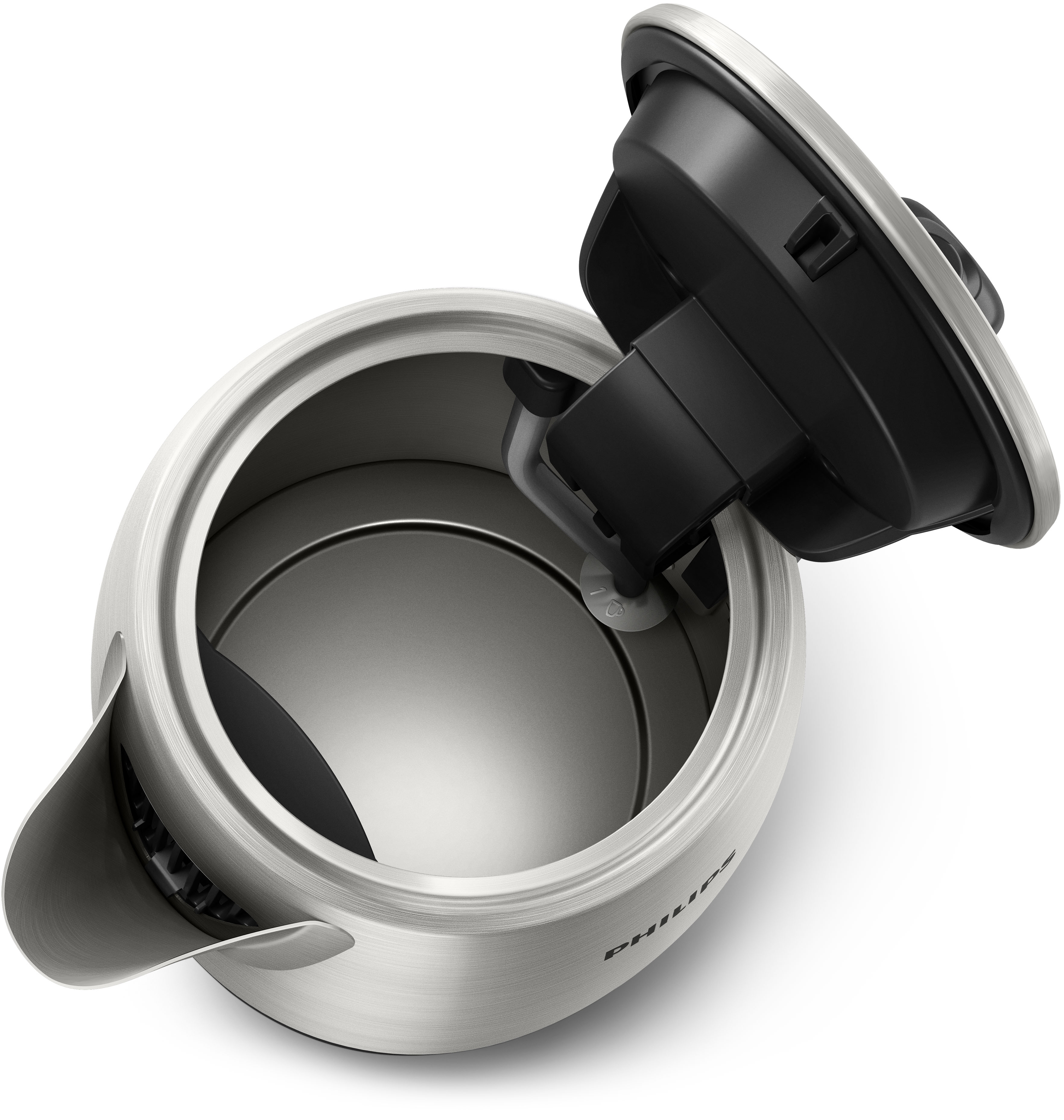 Czajnik elektryczny ze stali nierdzewnej z otwartą pokrywą. Wnętrze jest widoczne, a uchwyt z boku.