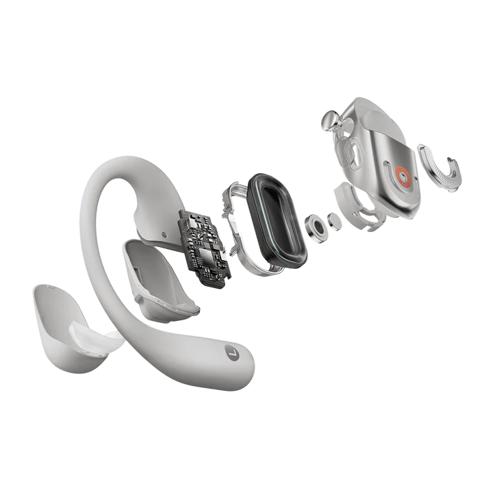 Auriculares blancos desmontados que muestran componentes: ganchos para las orejas, altavoz, placa de circuito y botones de control. Se ven detalles metálicos y negros.