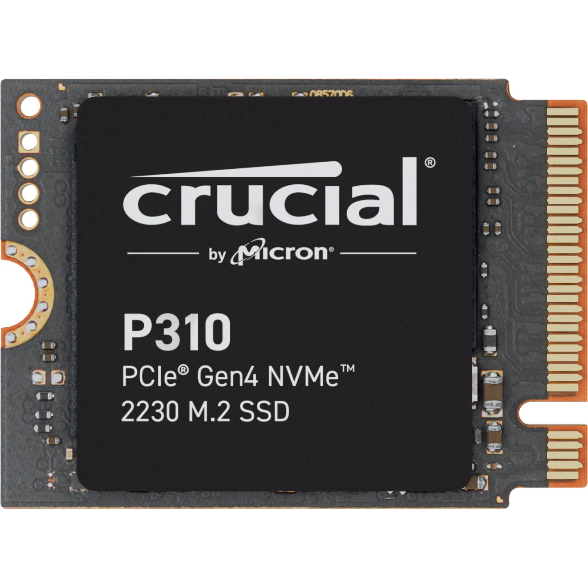 SSD Crucial P310 negra con texto blanco, en placa de circuito. PCIe Gen4 NVMe 2230 M.2 SSD.