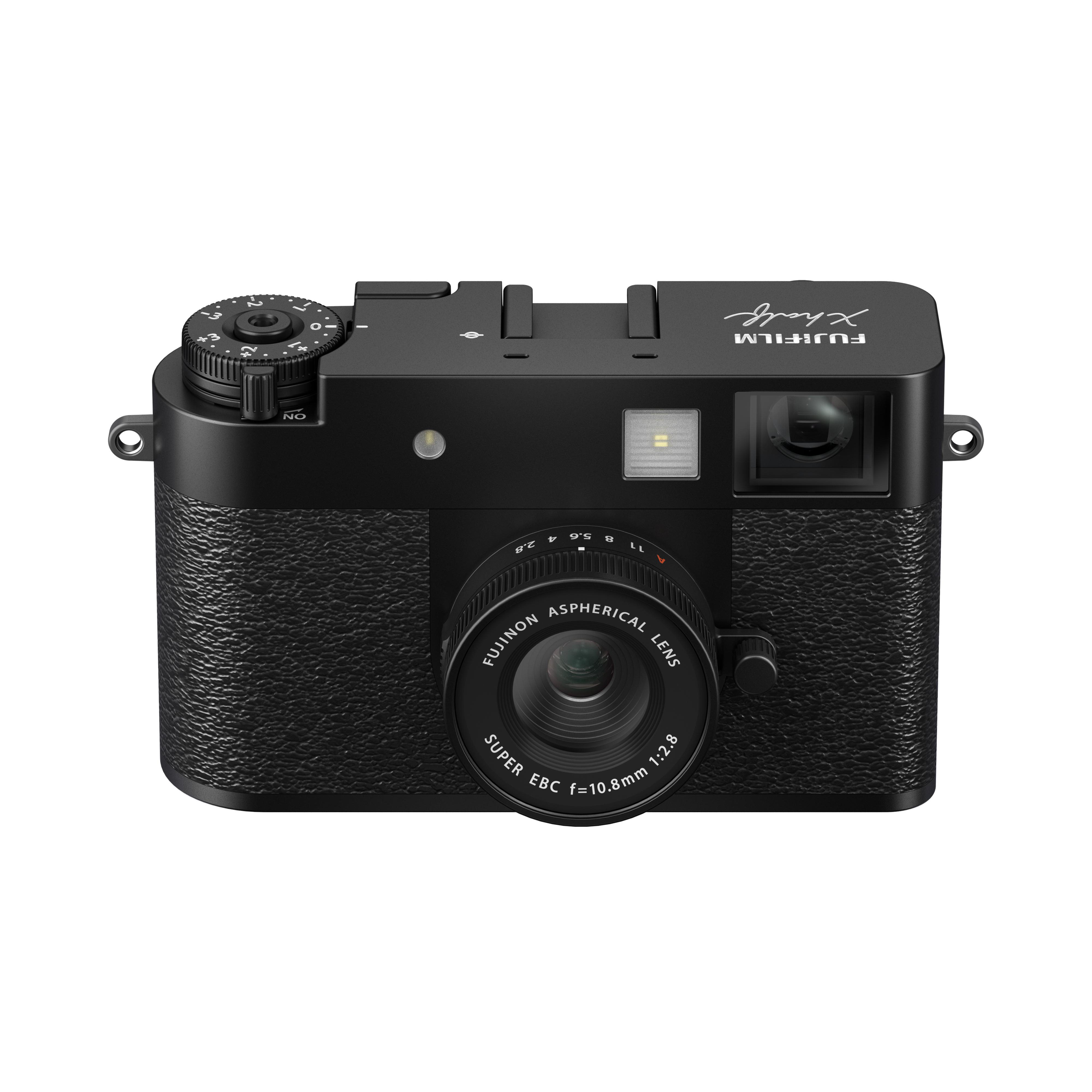 Schwarze Fujifilm X-Serie Kamera. Mit Objektiv, Rädern und Markenname. Das Gehäuse hat eine strukturierte Oberfläche.