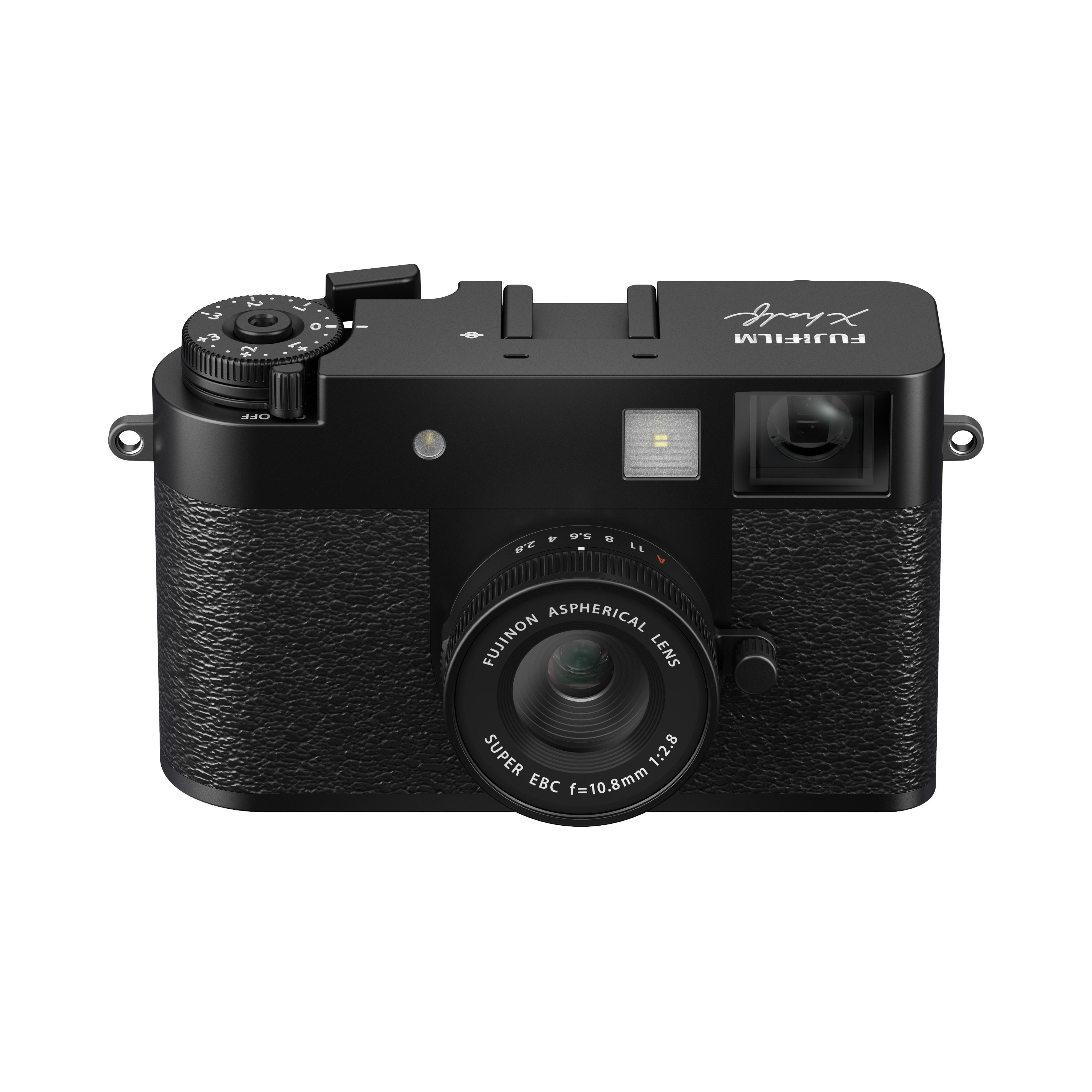 Eine schwarze Fujifilm X-Serie Kamera mit Objektiv. Sie hat Räder, Knöpfe und einen strukturierten Griff. Das Objektiv sagt 'Fujinon'.