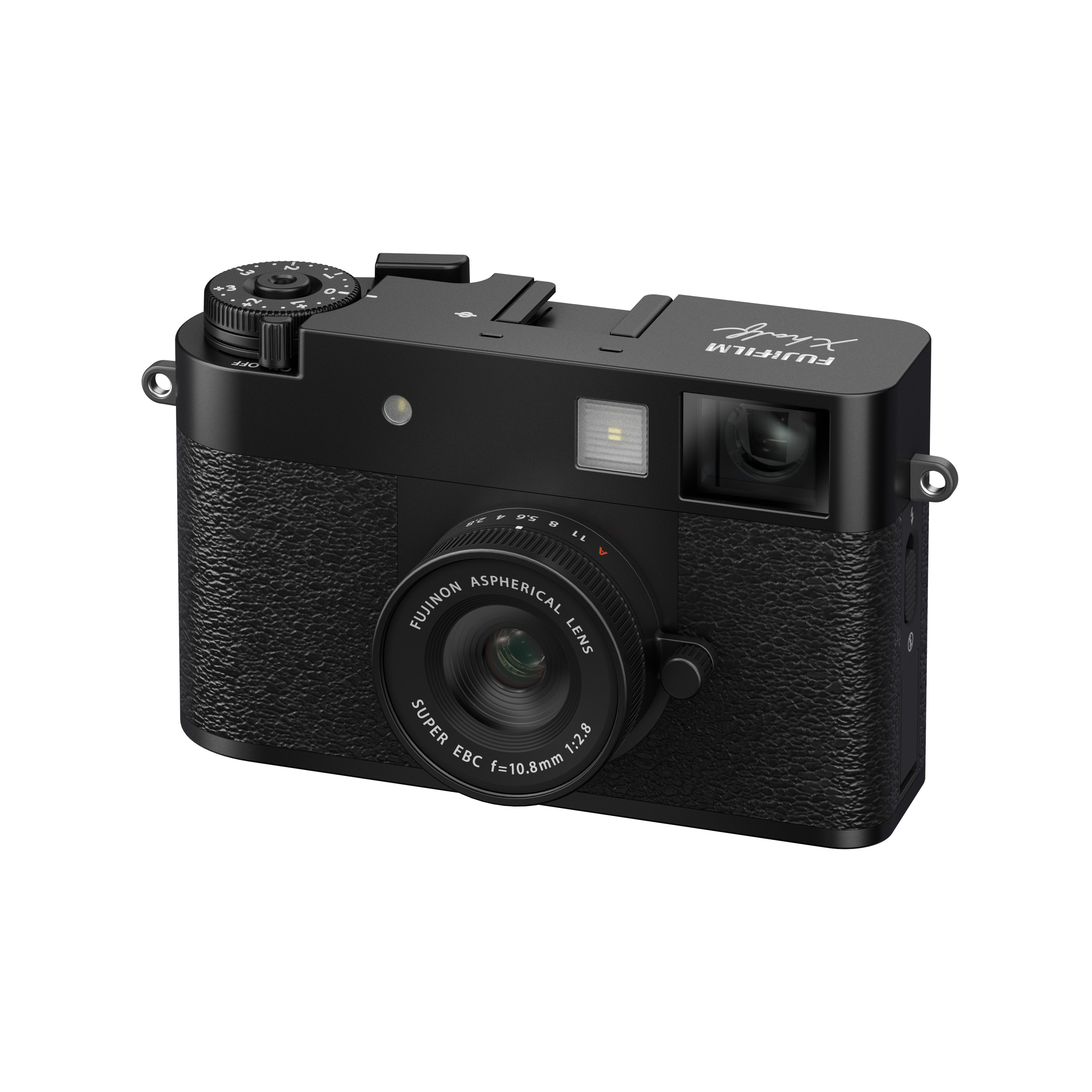 Schwarze Fujifilm-Kamera mit Objektiv, Rädern und Blitz. Strukturierter Griff. Weißer Hintergrund.