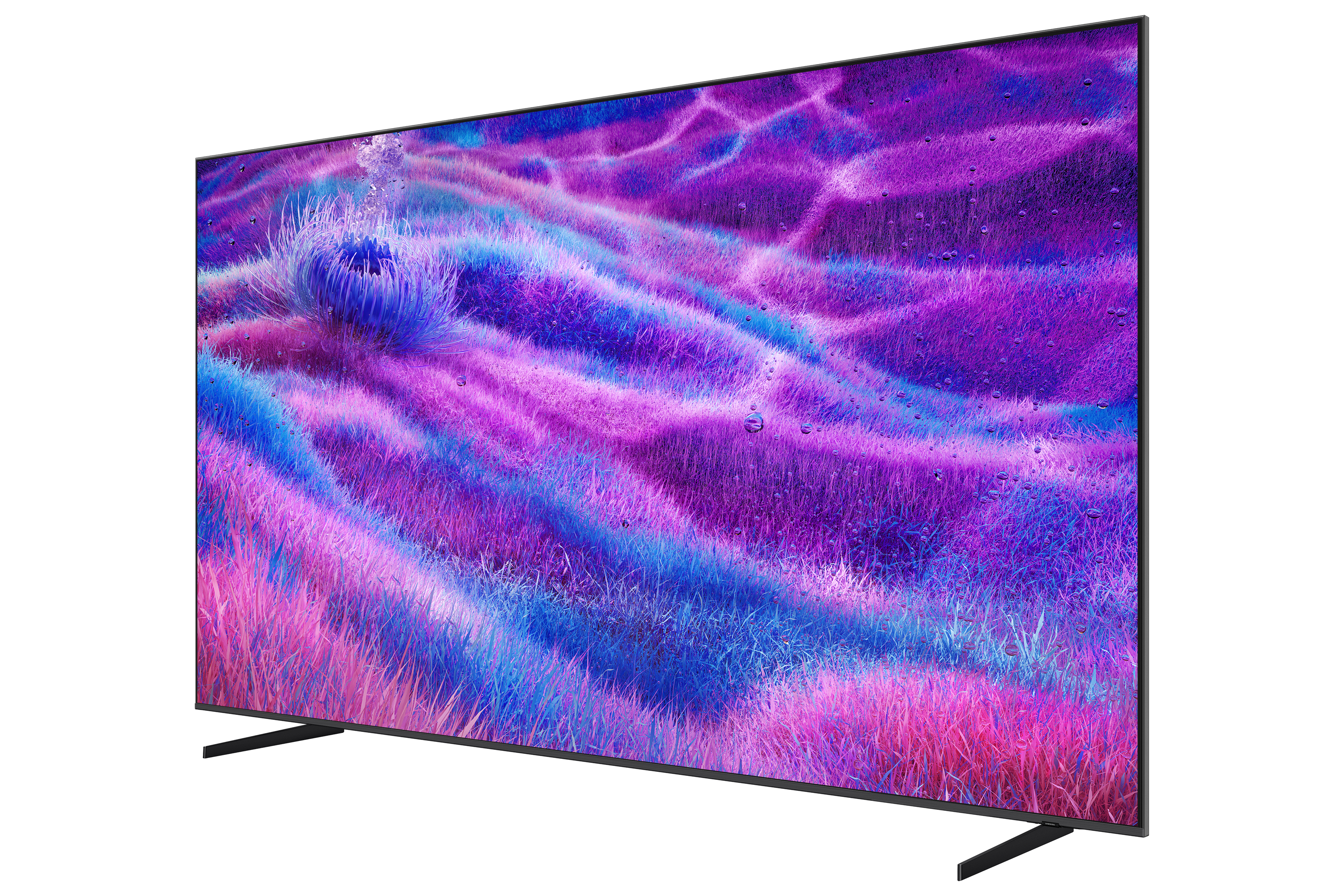 TV-Bildschirm mit abstrakter lila und blauer Landschaft. Wassertropfen sind sichtbar. Der Fernseher steht auf schwarzem Untergrund.