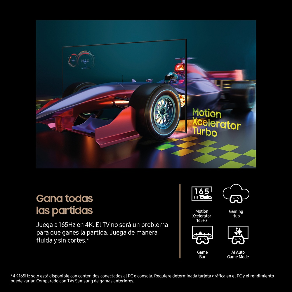Un coche de carreras rojo y negro se muestra en una pantalla de TV. El texto indica 165 Hz, Motion Xcelerator Turbo y funciones de juego.