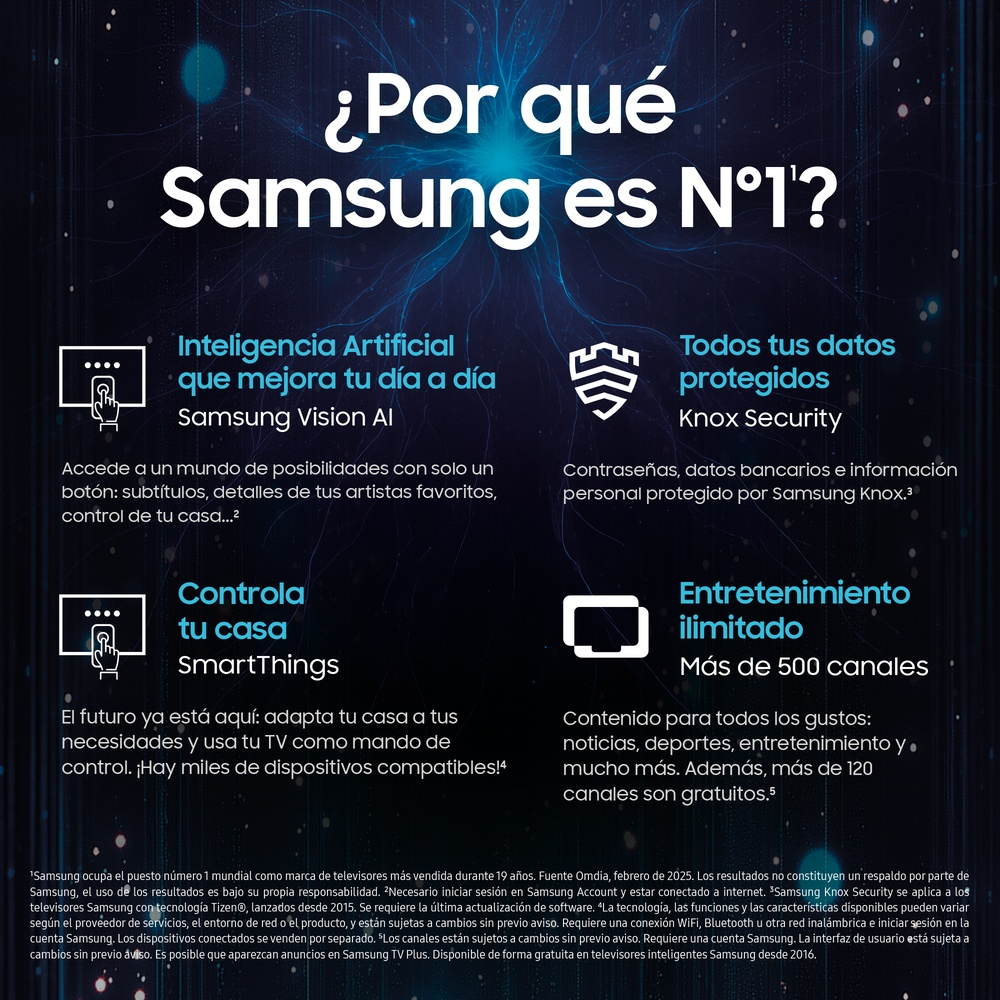 Anuncio de Samsung con texto: IA, Knox Security, SmartThings y entretenimiento ilimitado sobre fondo azul oscuro.