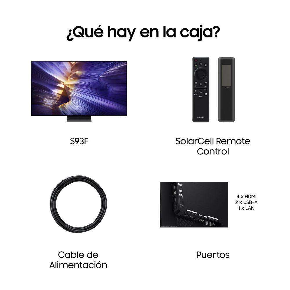 La imagen muestra un televisor, mandos a distancia, cable de alimentación y puertos. El texto dice: ¿Qué hay en la caja? S93F, SolarCell Remote Control.