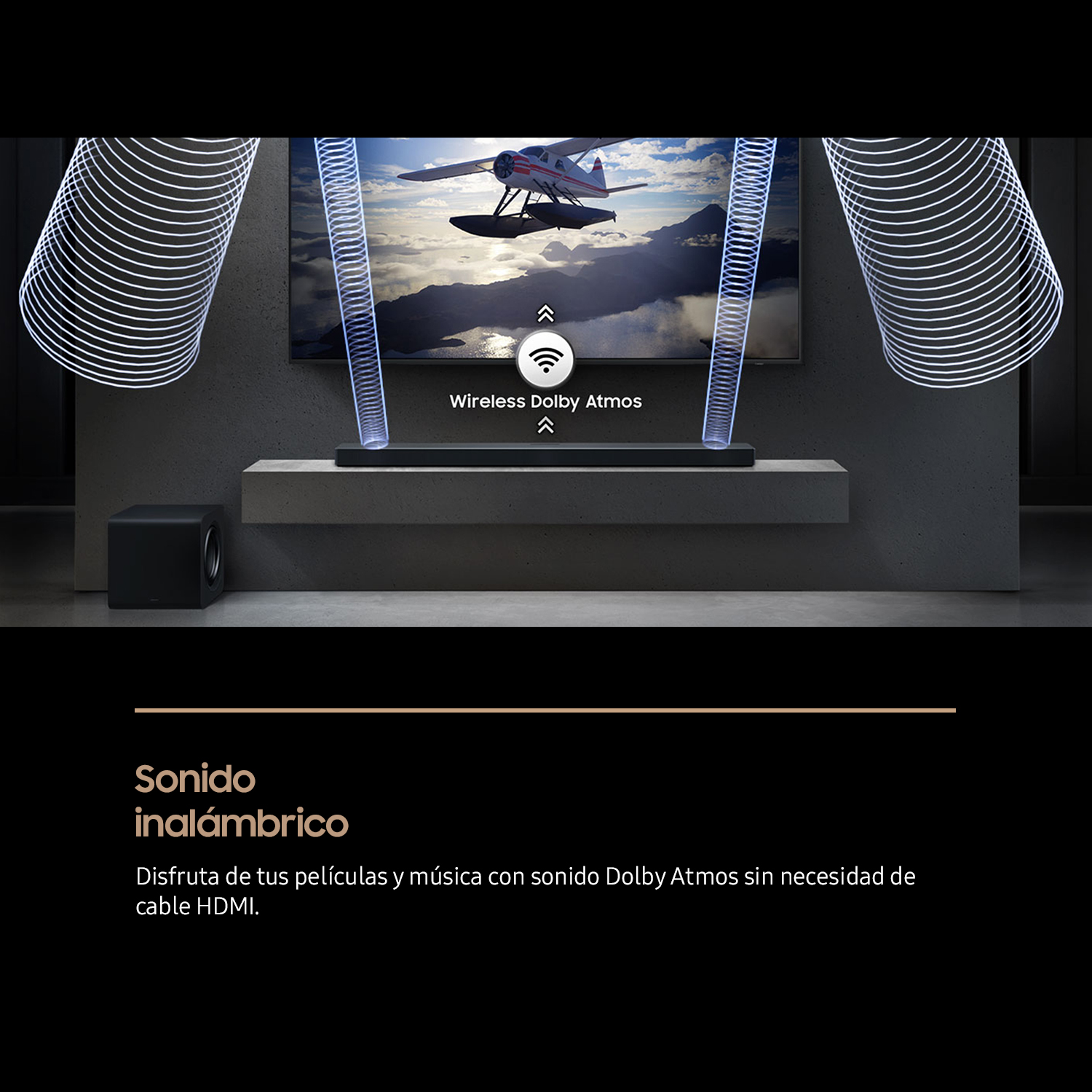Configuración de cine en casa con TV de avión. Barra de sonido y subwoofer debajo. Se menciona Wireless Dolby Atmos.