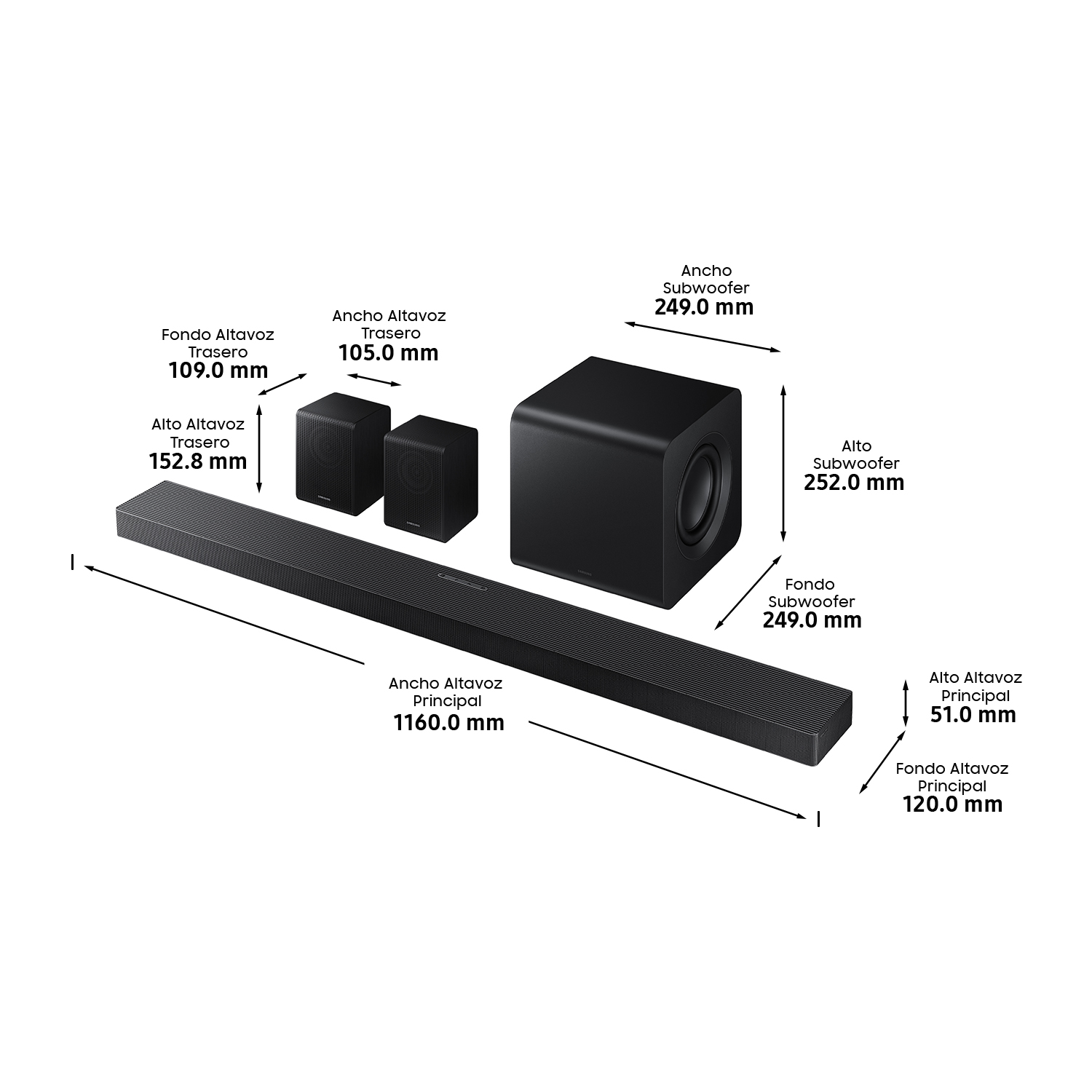 Una barra de sonido negra, dos altavoces pequeños y un subwoofer se muestran. Las dimensiones están etiquetadas en mm. El fondo es blanco.