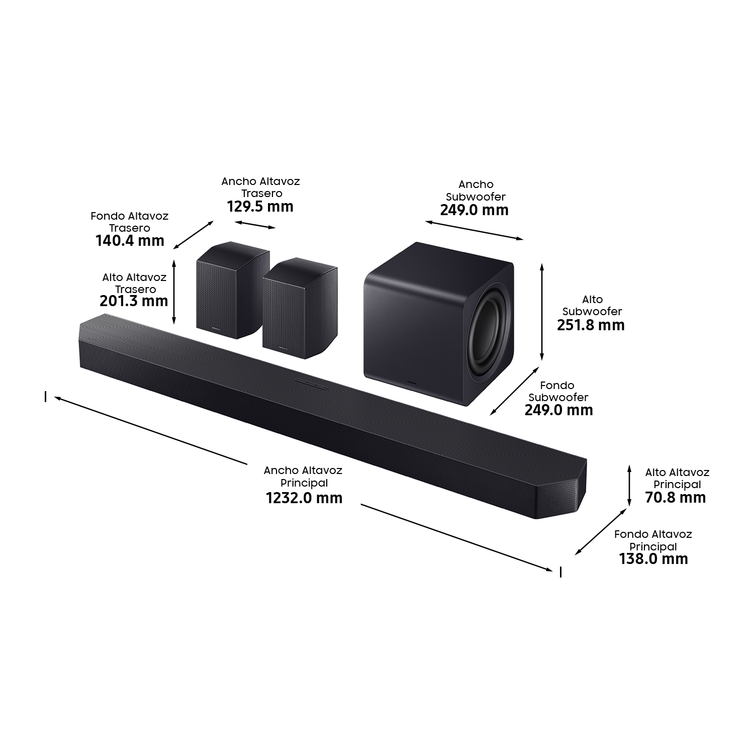 Una barra de sonido negra, dos altavoces pequeños y un subwoofer. Las dimensiones en mm están etiquetadas para cada componente.