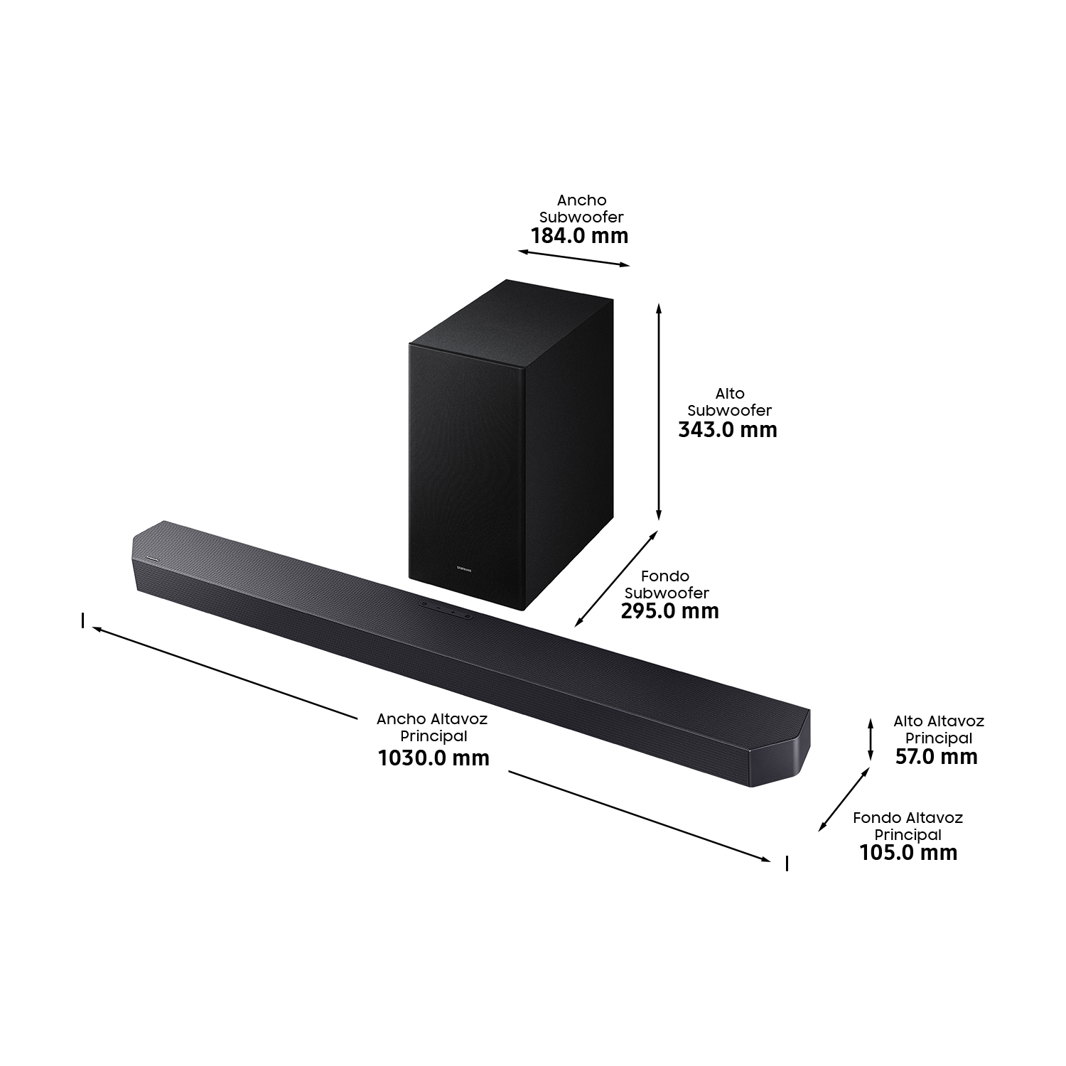 Una barra de sonido negra y un subwoofer se muestran con dimensiones etiquetadas. La barra de sonido es larga y el subwoofer es un rectángulo alto.