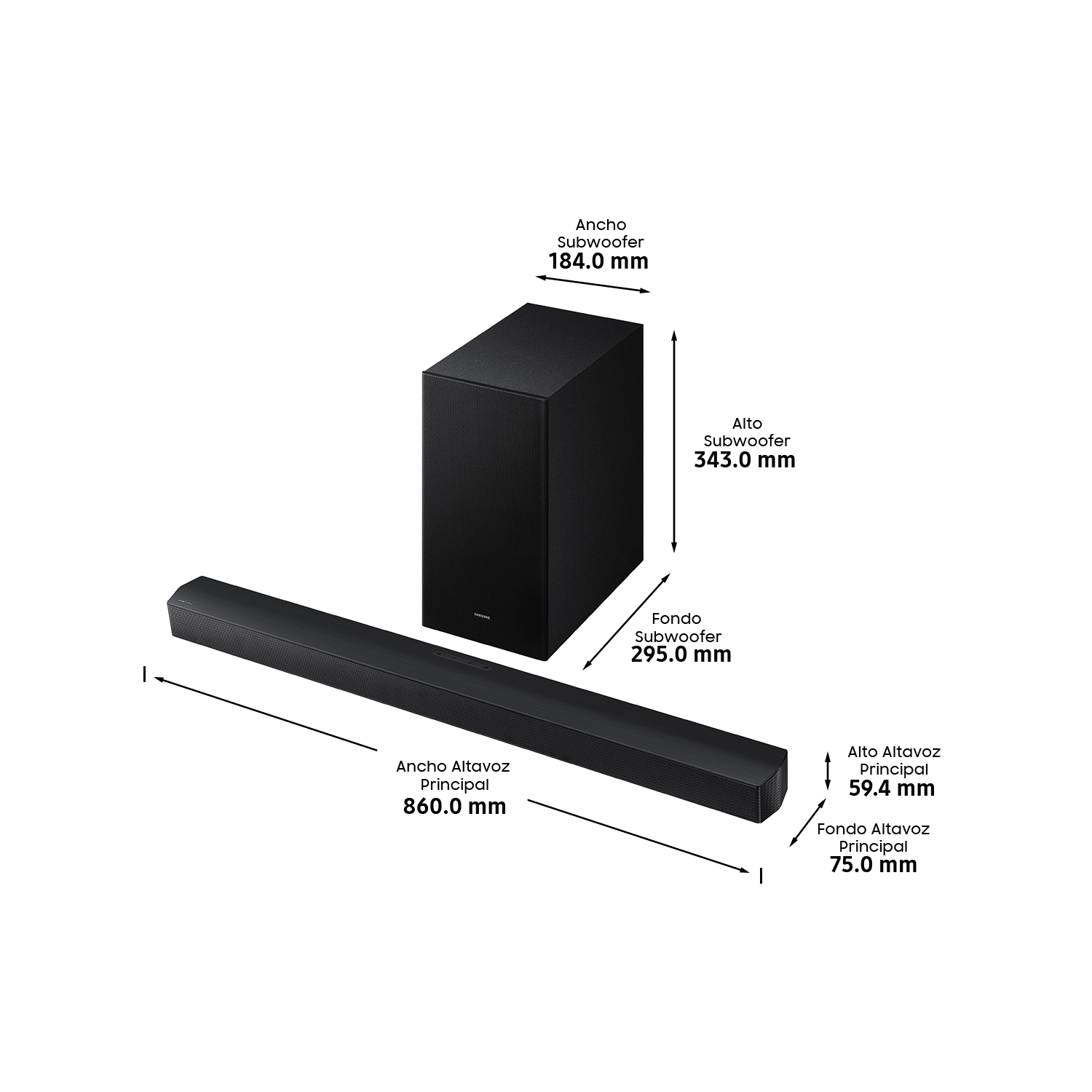 Barra de sonido y subwoofer negros, dimensiones en mm. Barra de sonido larga, subwoofer es una caja. Etiquetas incluyen dimensiones.