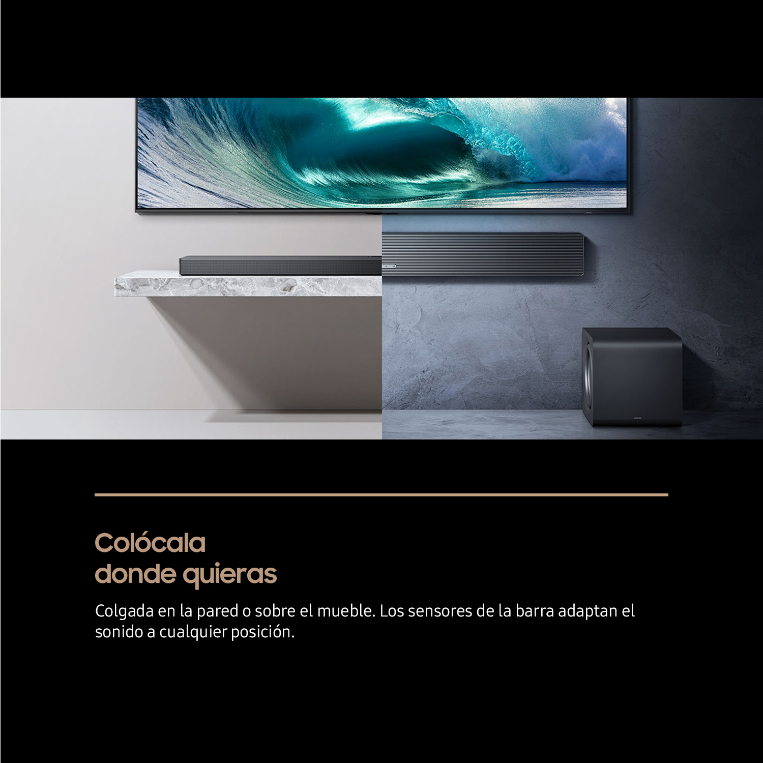 Se muestra un televisor, una barra de sonido y un subwoofer. La barra de sonido está debajo del televisor y el subwoofer a la derecha.