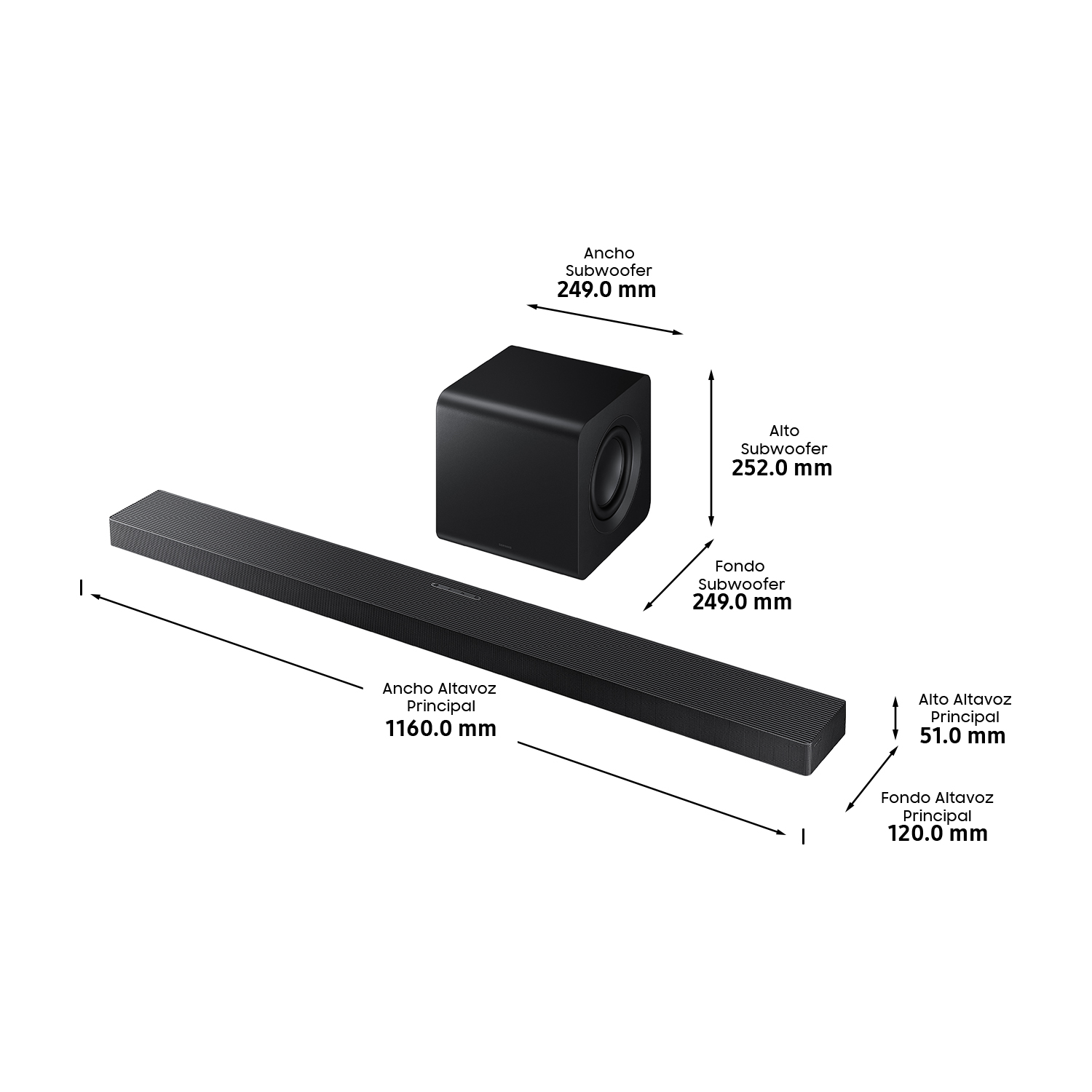 Un conjunto de barra de sonido y subwoofer negros con dimensiones etiquetadas. La barra de sonido es larga y el subwoofer es un cubo.