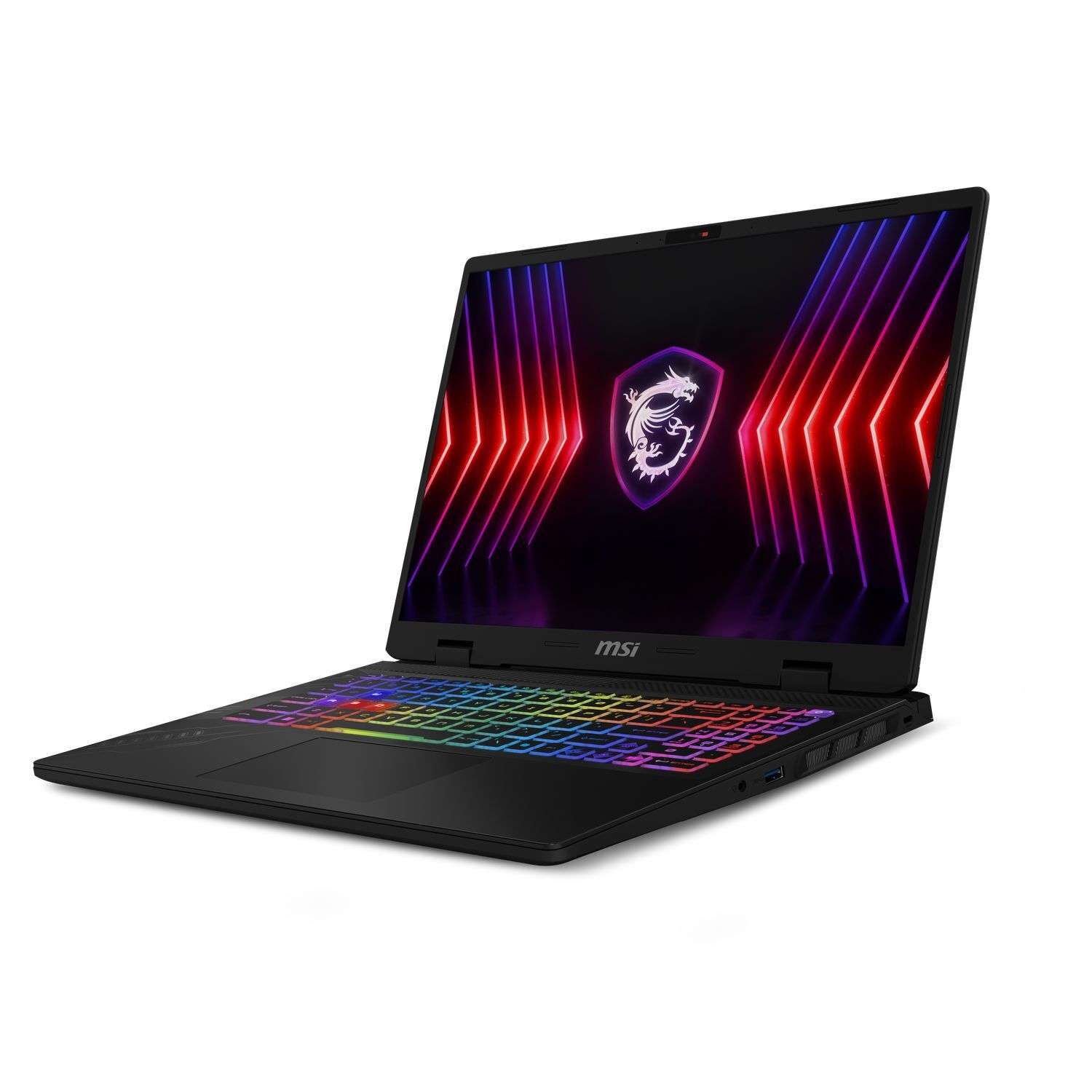A black MSI laptop displays a colorful screen with a dragon logo. The keyboard is illuminated with rainbow colors.