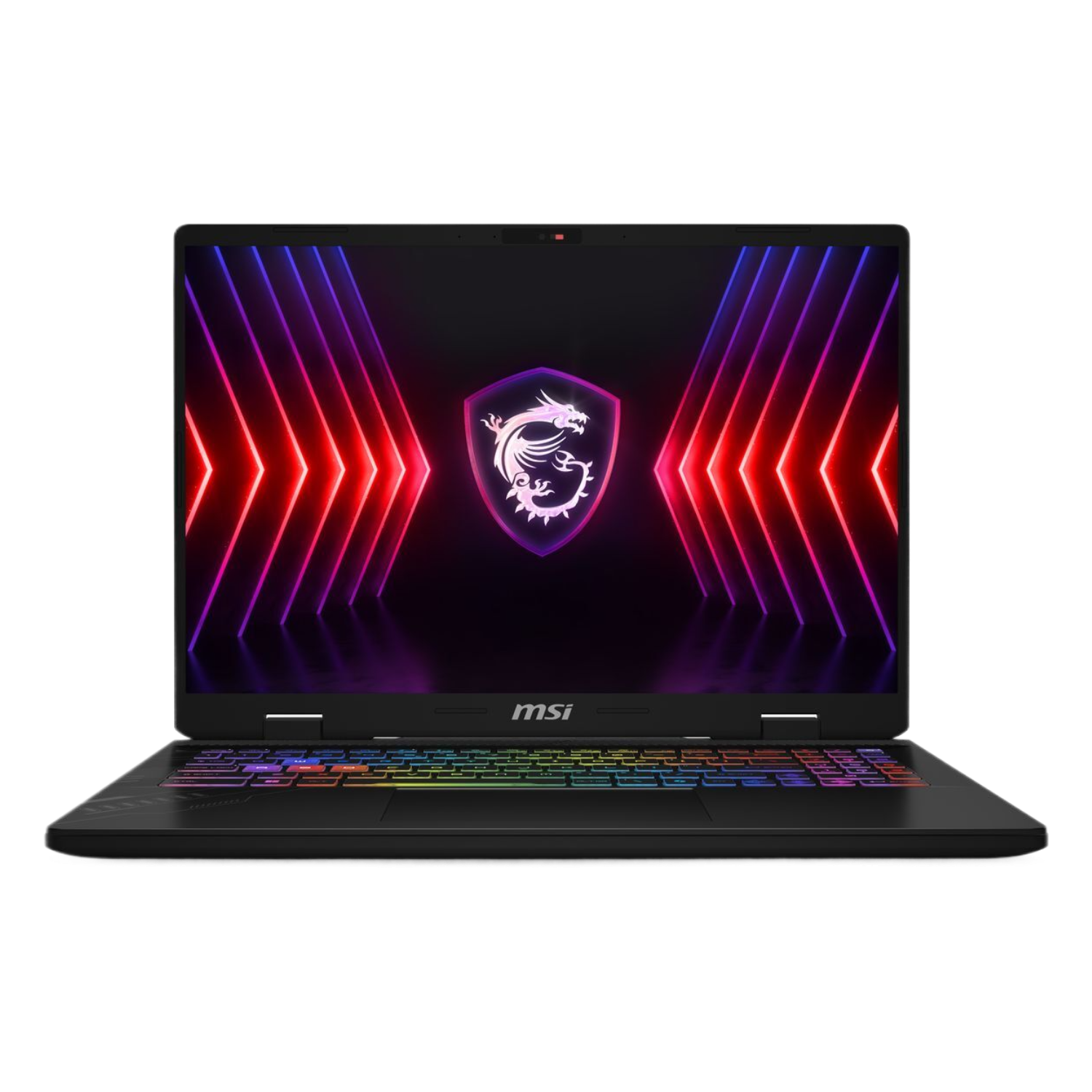 Ordinateur portable MSI noir, ouvert. L'écran affiche un logo de dragon et des lignes colorées. Le clavier est rétroéclairé arc-en-ciel. Fond sombre.