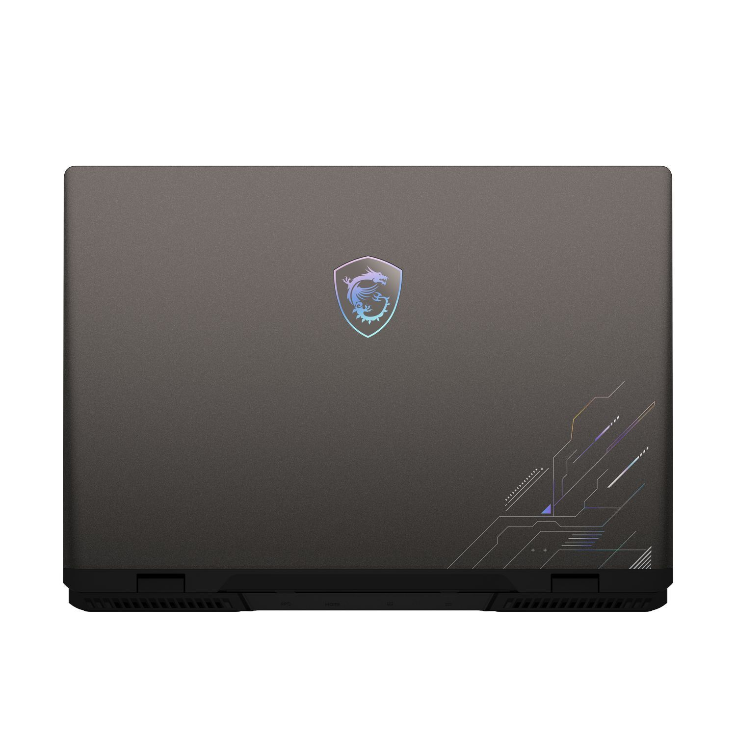 Un ordinateur portable gris fermé. Il a un logo MSI au centre et un design dans le coin inférieur droit. Le bas est noir.